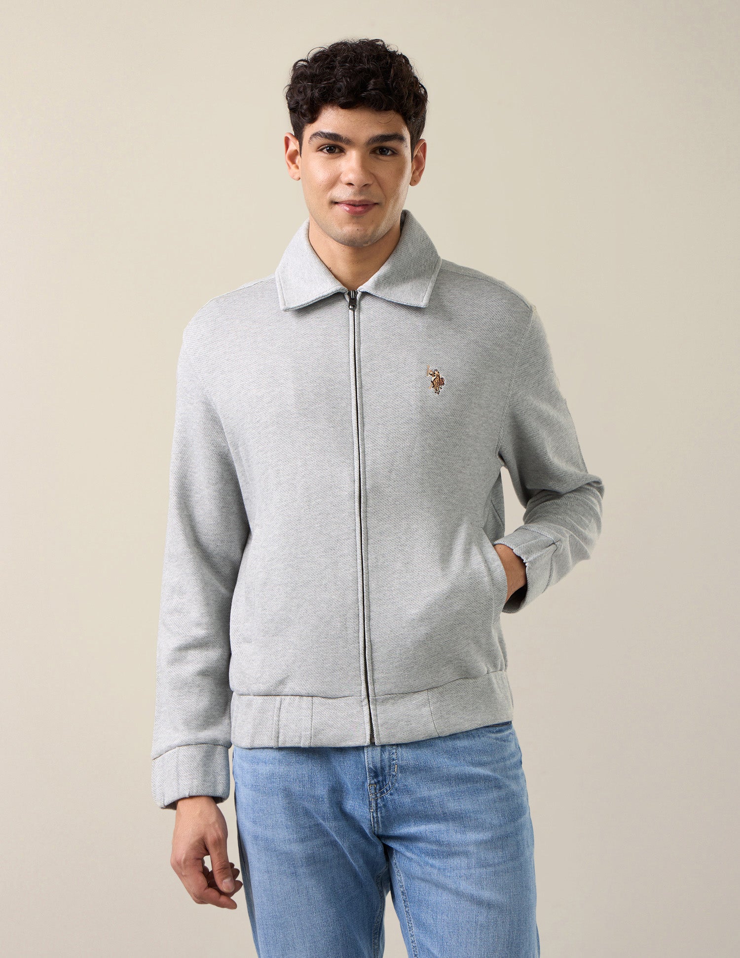 Heathered Regular Fit Zipper Sweatshirt Grey Melang - U.S. Polo Assn. India | Large