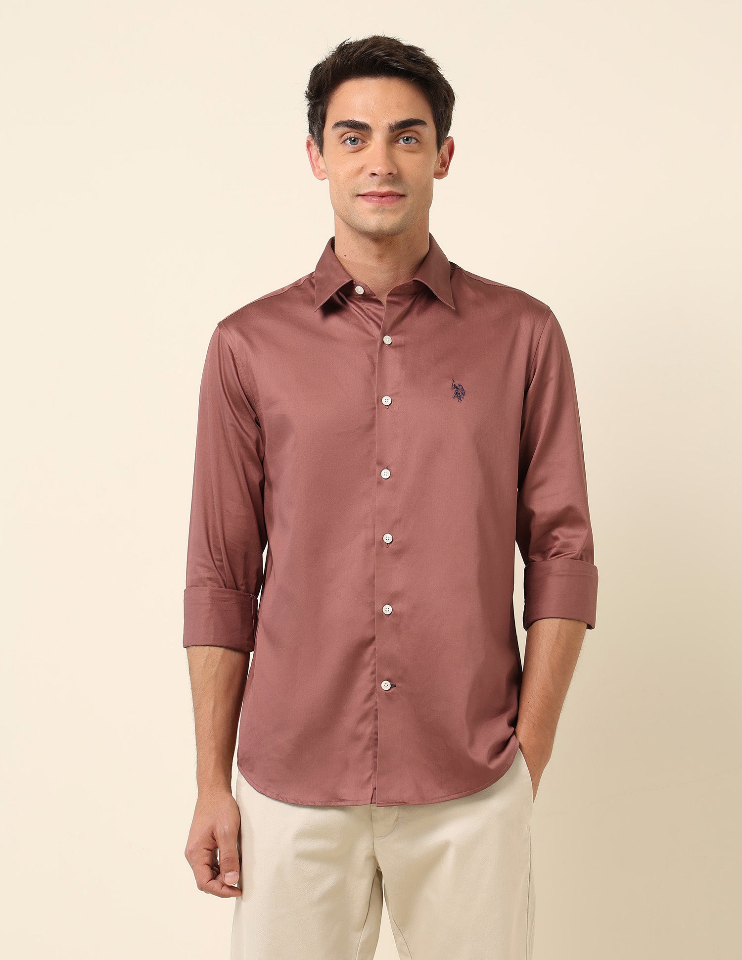 Tailored Fit Satin Pure Cotton Shirt Light Burgundy - U.S. Polo Assn. India | Large