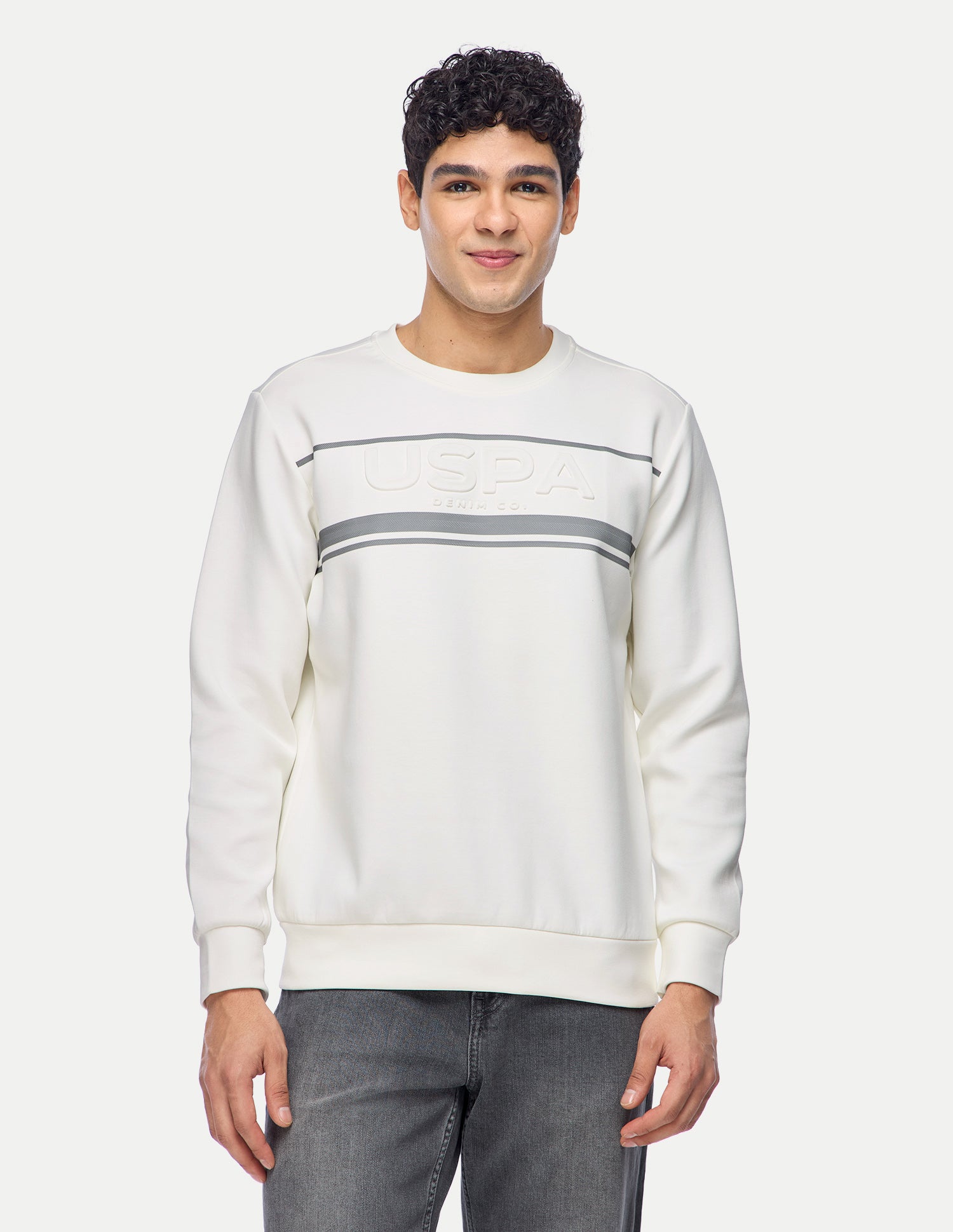 Brand Embossed Regular Fit Sweatshirt Ivory - U.S. Polo Assn. India | Large