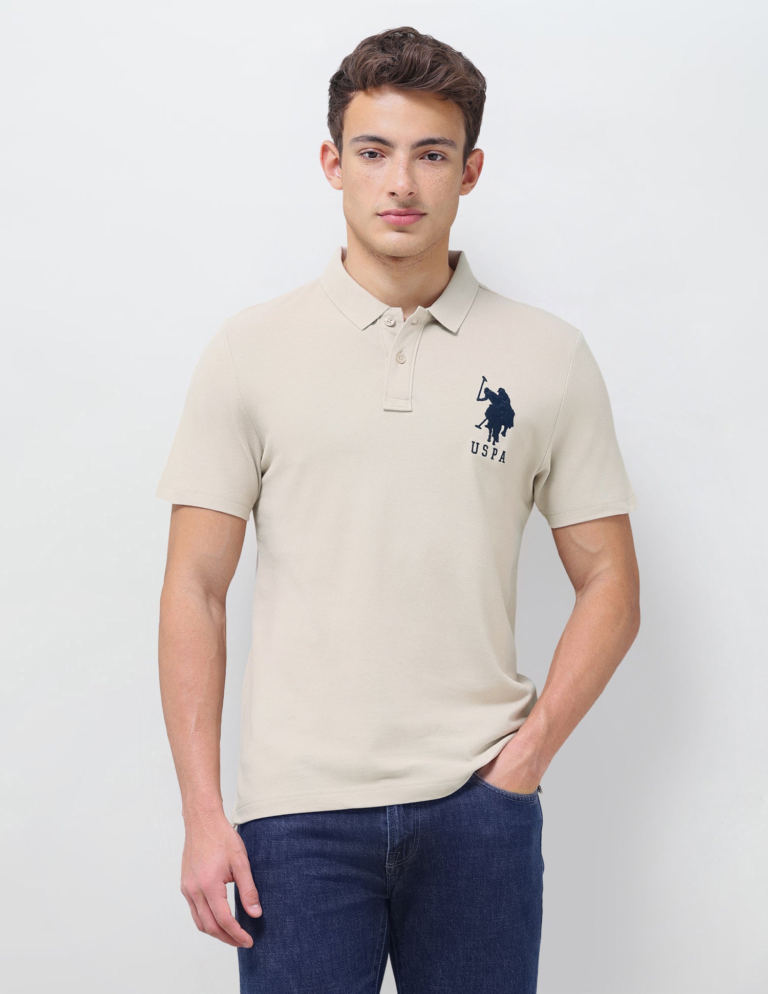 Solid Slim Fit Polo Shirt Beige - U.S. Polo Assn. India | Large
