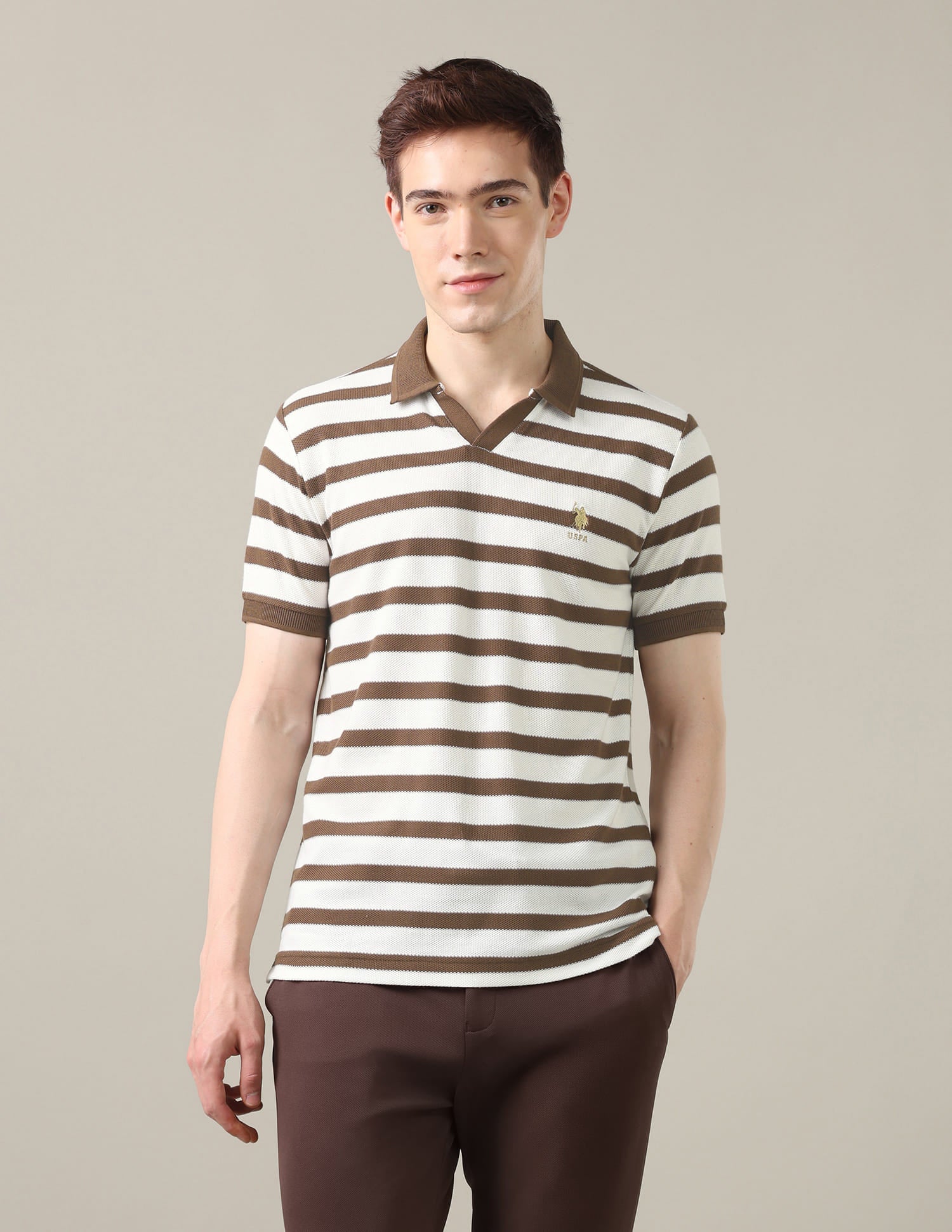 Horizontal Striped Slim Fit Polo Shirt Brown - U.S. Polo Assn. India | Large