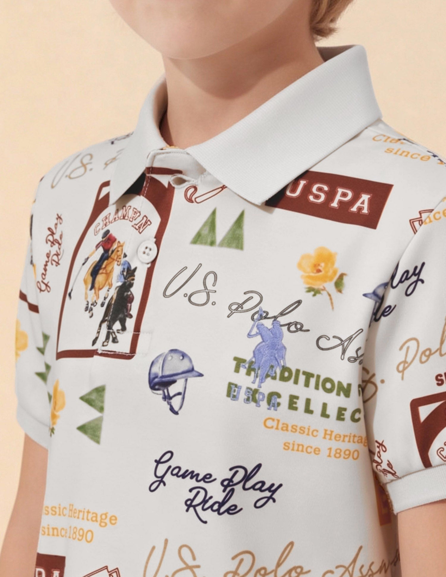 Graphic Brand Printed Regular Fit Polo Shirt Off White - U.S. Polo Assn. India | Large