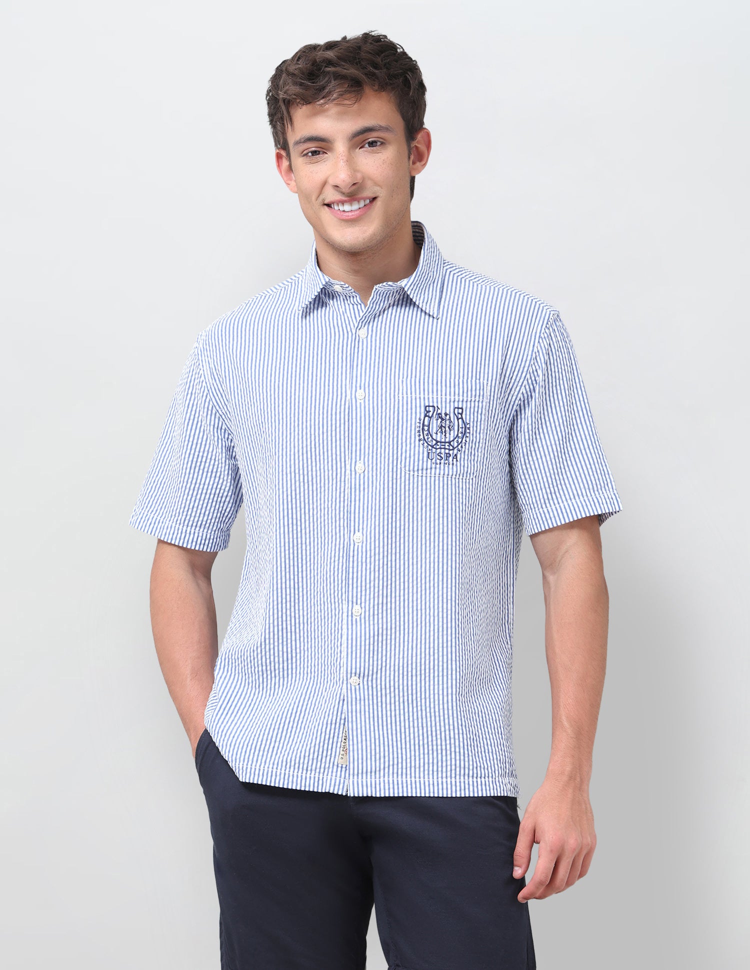 Brand Embroidered Seersucker Shirt Blue - U.S. Polo Assn. India | Large