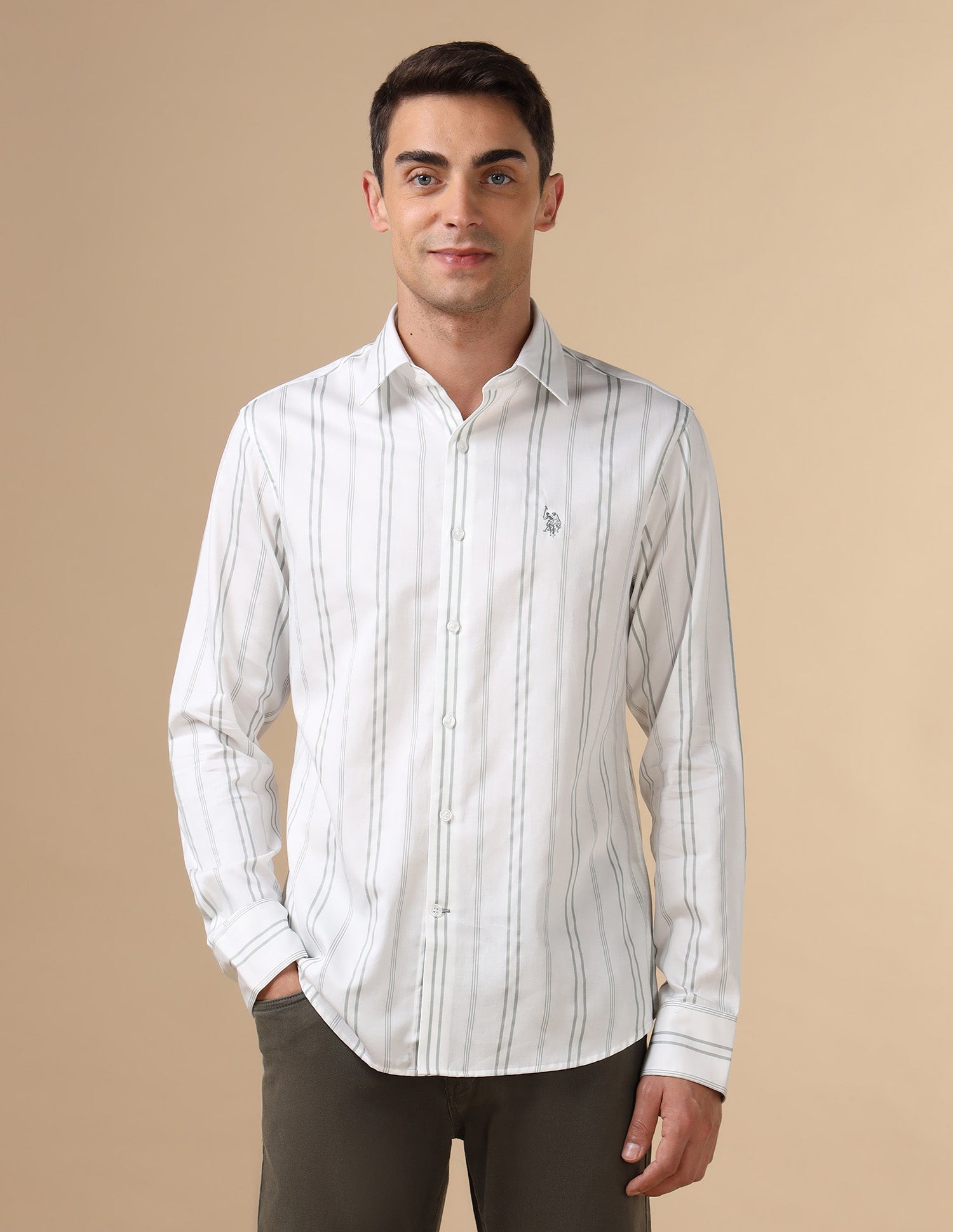 Vertical Striped Pure Cotton Shirt Lightgreen - U.S. POLO ASSN. | Large