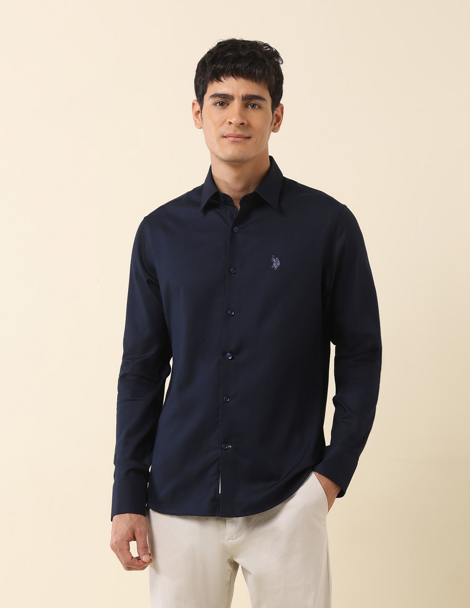 Tailored Fit Solid Pure Cotton Shirt Navy - U.S. Polo Assn. India | Large
