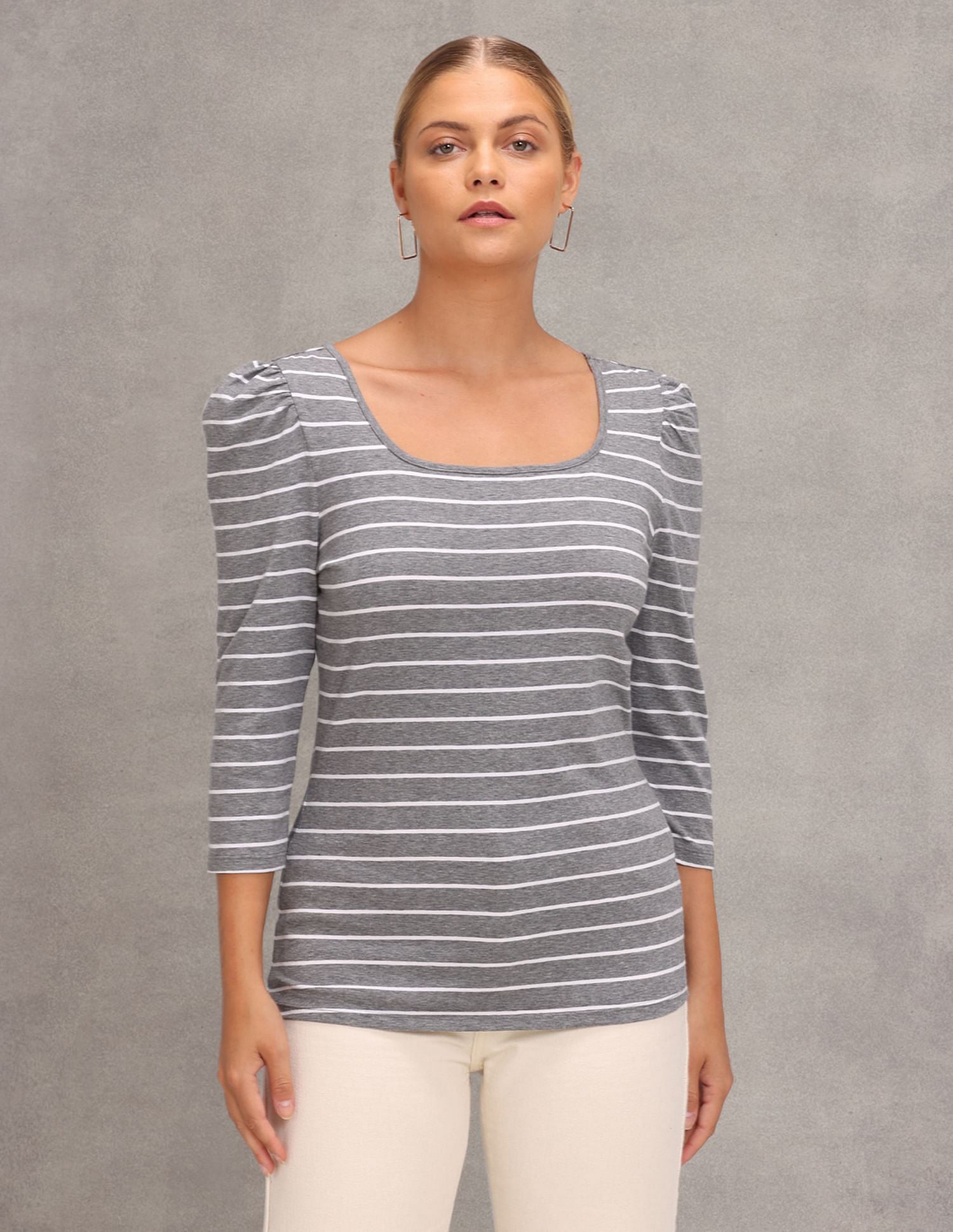 Puff Sleeve Scoop Neck Striped Top Grey - U.S. Polo Assn. India | Large
