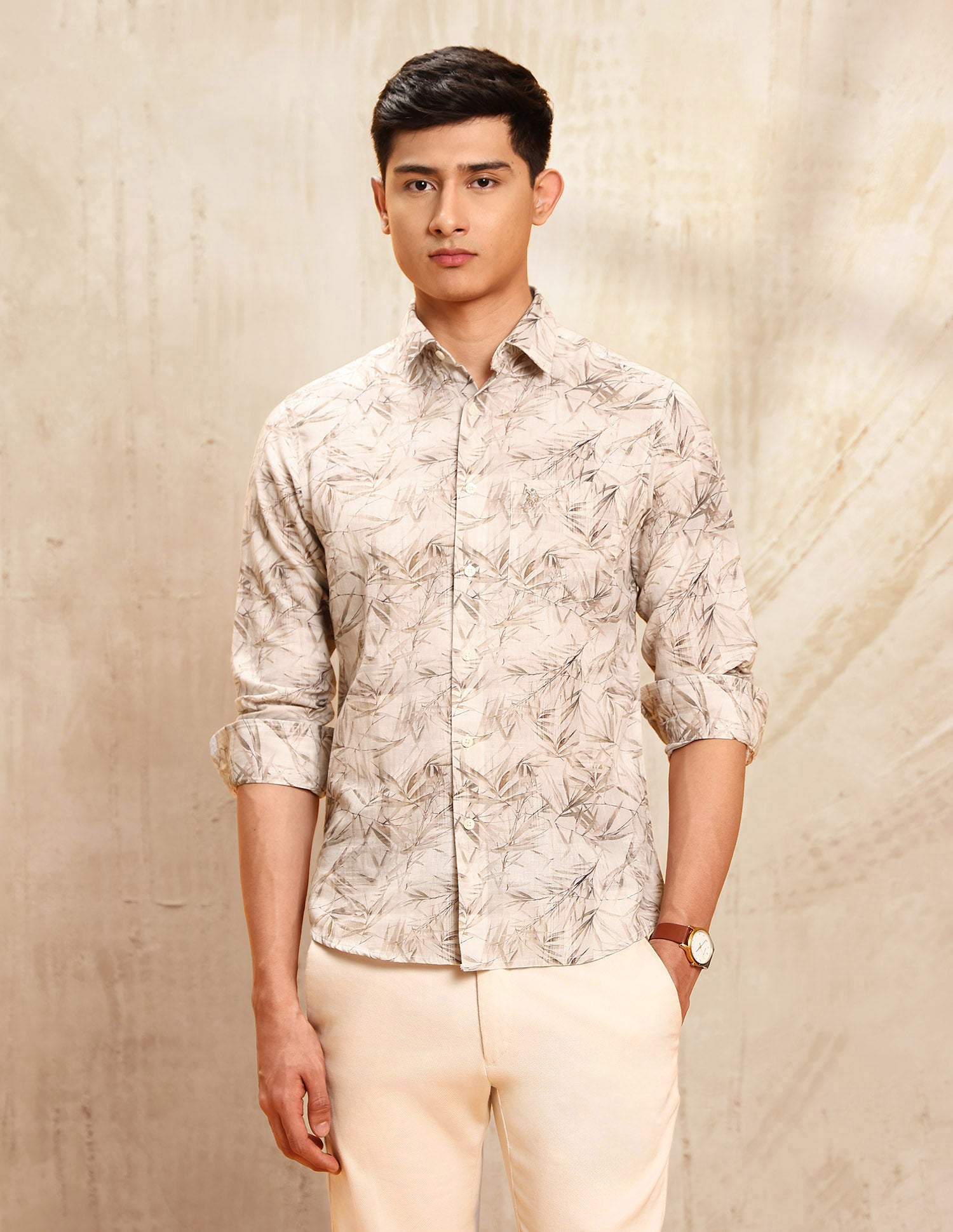 Tropical Printed Tailored Fit Shirt Light Khaki - U.S. POLO ASSN. | Large