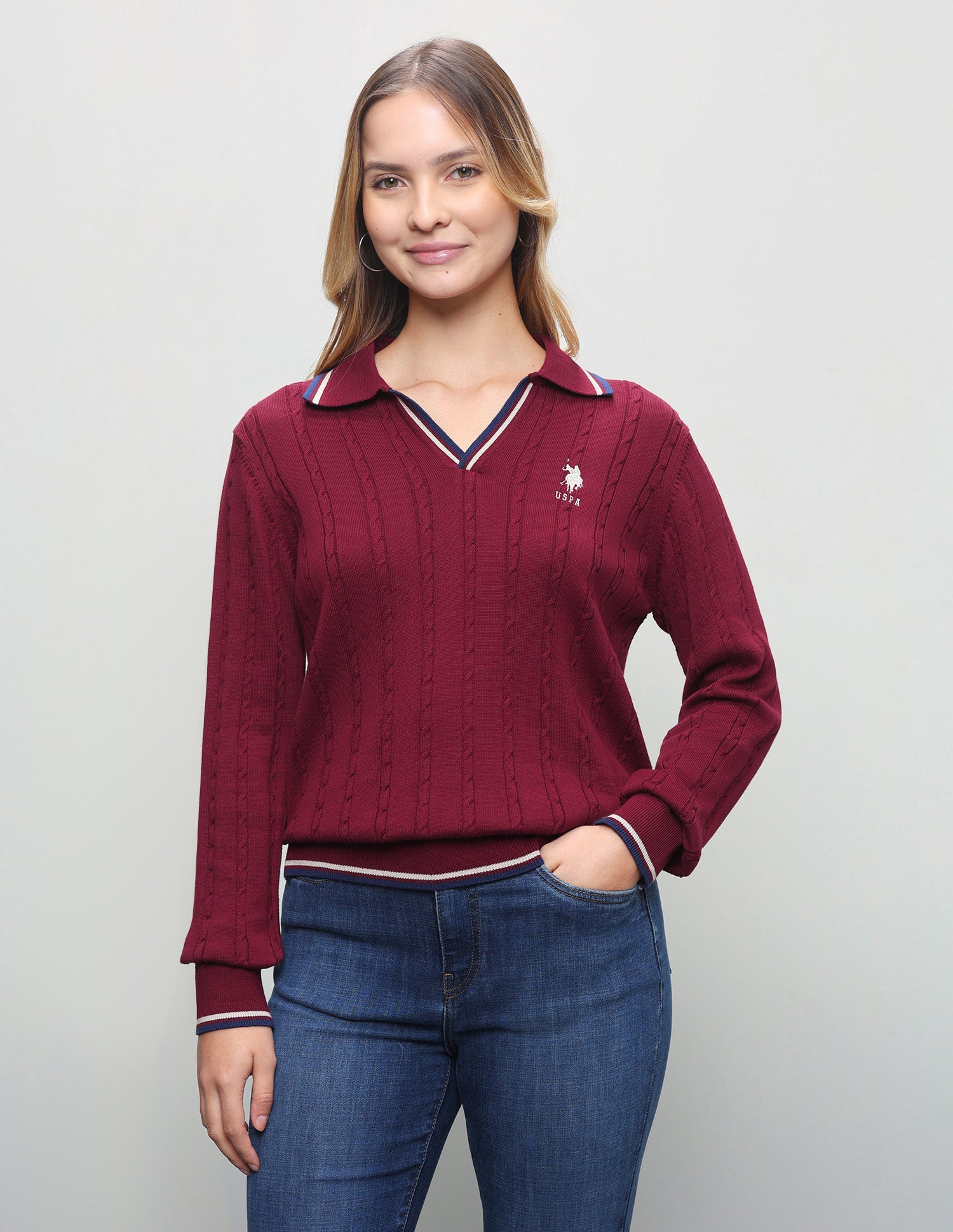 Cable Patterned Knit Regular Fit Sweater Red - U.S. Polo Assn. India | Large