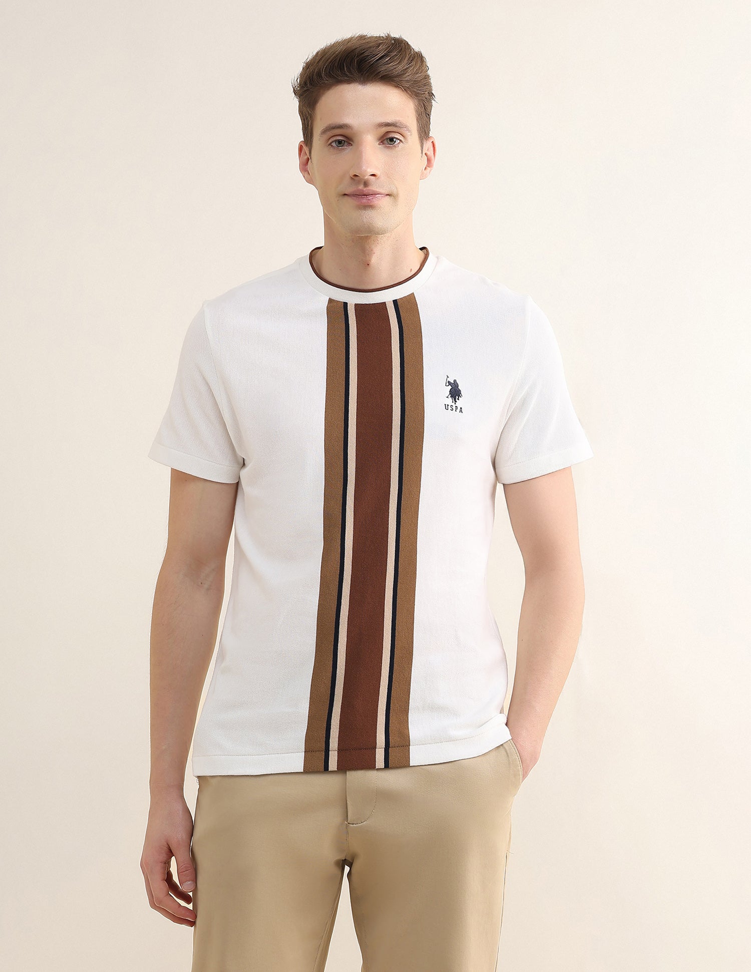 Vertical Striped Slim Fit T-Shirt Off White - U.S. Polo Assn. India | Large