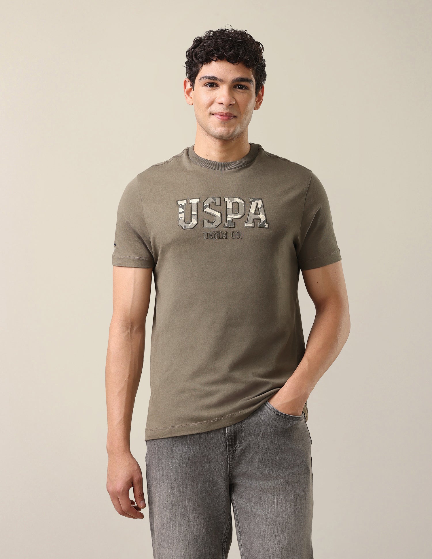 Camouflage Brand Printed Slim Fit T-Shirt Olive - U.S. Polo Assn. India | Large