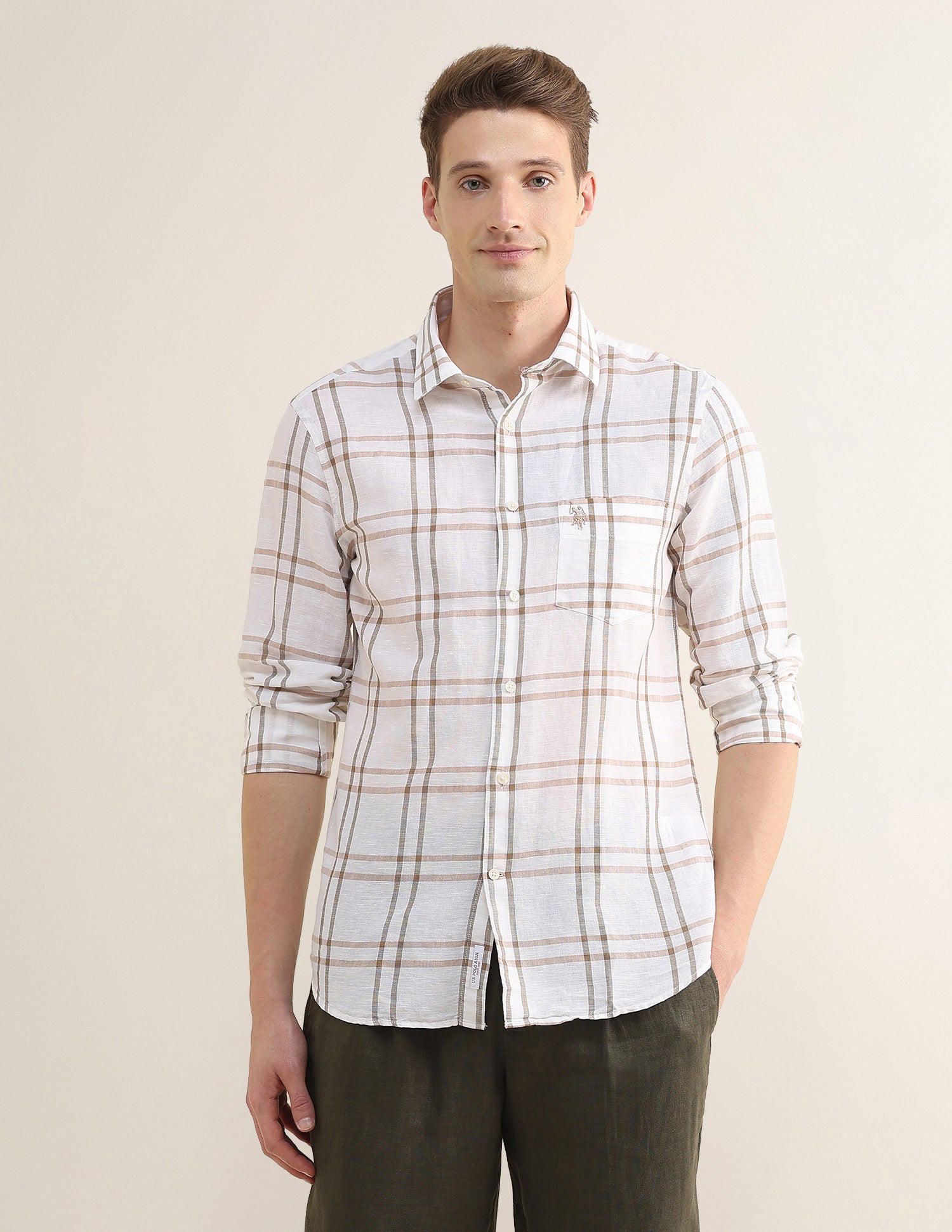 Grid Tattersall Checked Regular Fit Shirt Beige - U.S. Polo Assn. India | Large