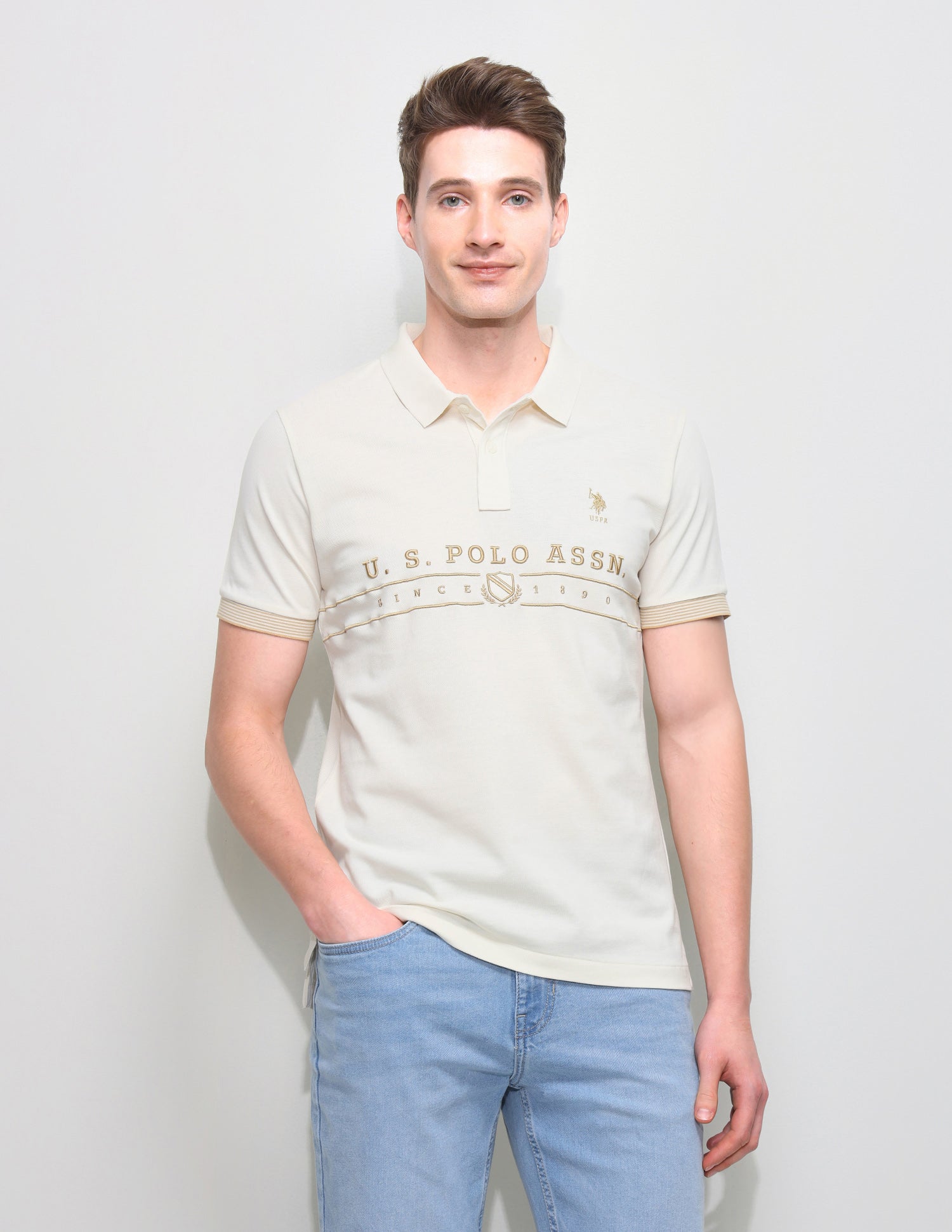 Brand Embroidered Slim Fit Polo Shirt Beige - U.S. Polo Assn. India | Large