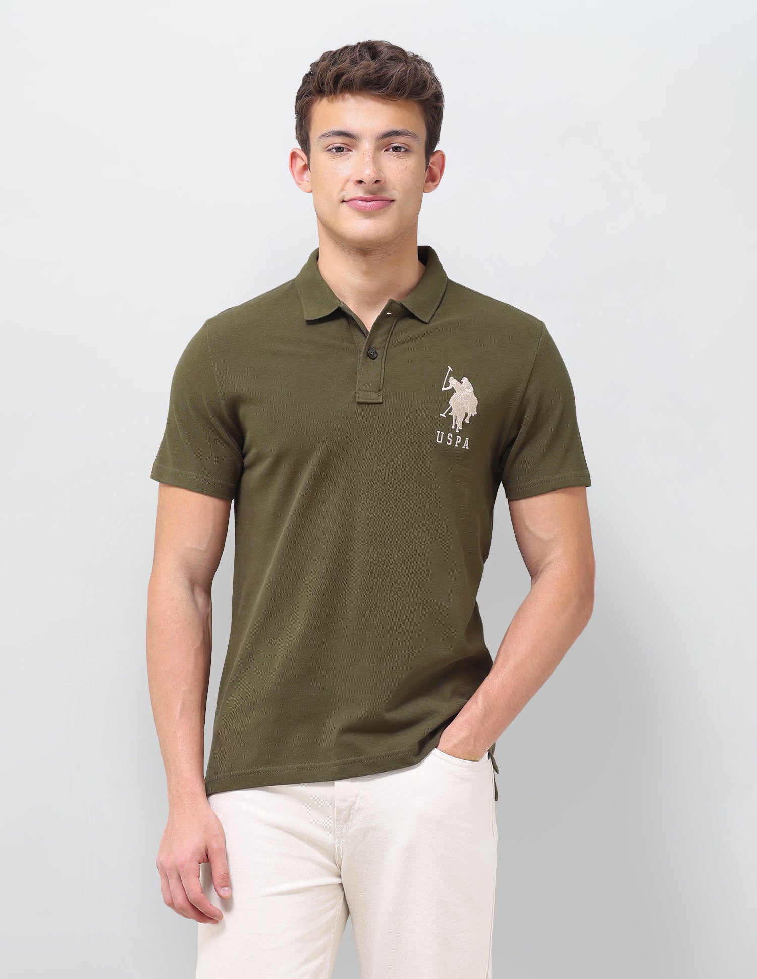 Solid Slim Fit Polo Shirt Olive - U.S. Polo Assn. India | Large