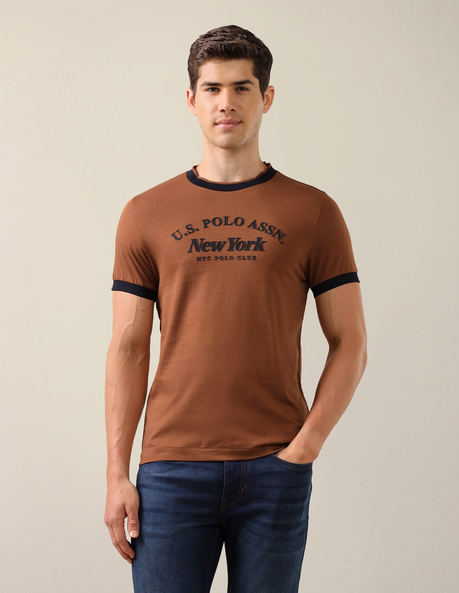 Brand Embossed Slim Fit T-Shirt Brown - U.S. Polo Assn. India | Large
