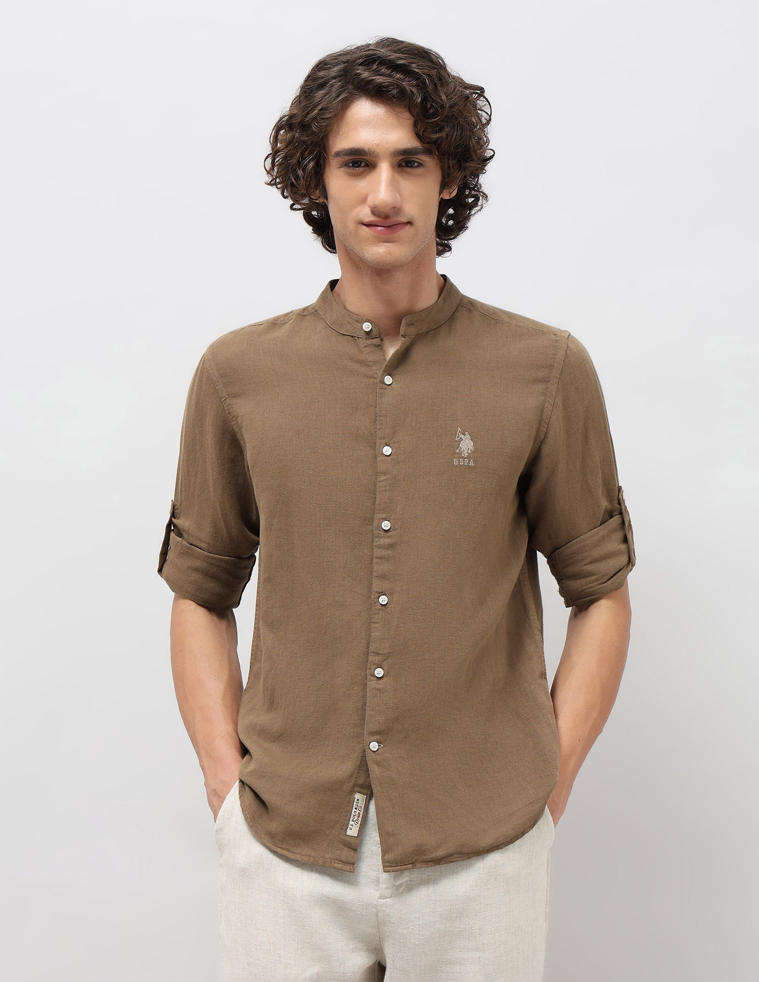 Solid Regular Fit Mandarin Shirt Khaki - U.S. POLO ASSN. | Large