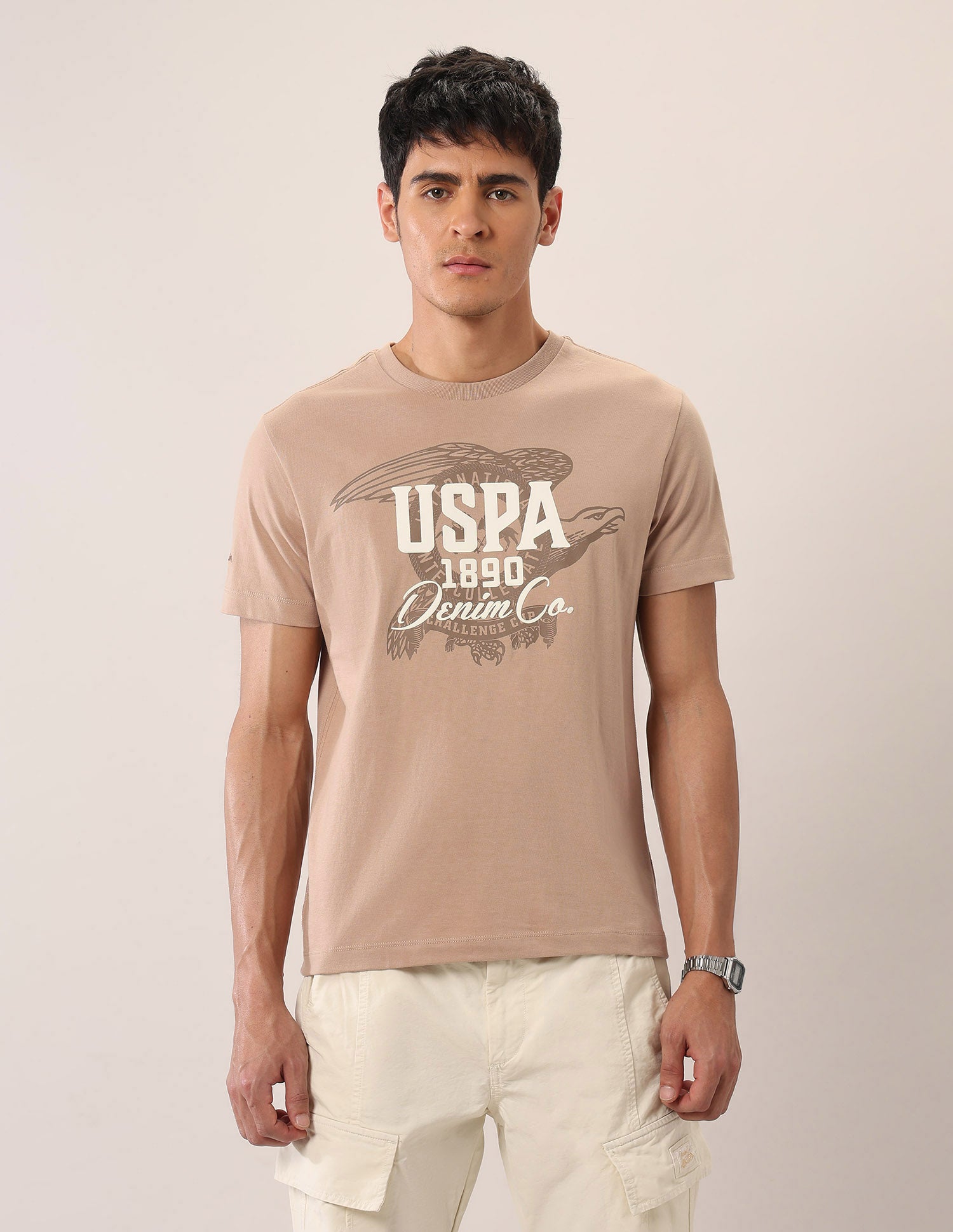 Brand Printed Muscle Fit T-Shirt Beige - U.S. Polo Assn. India | Large