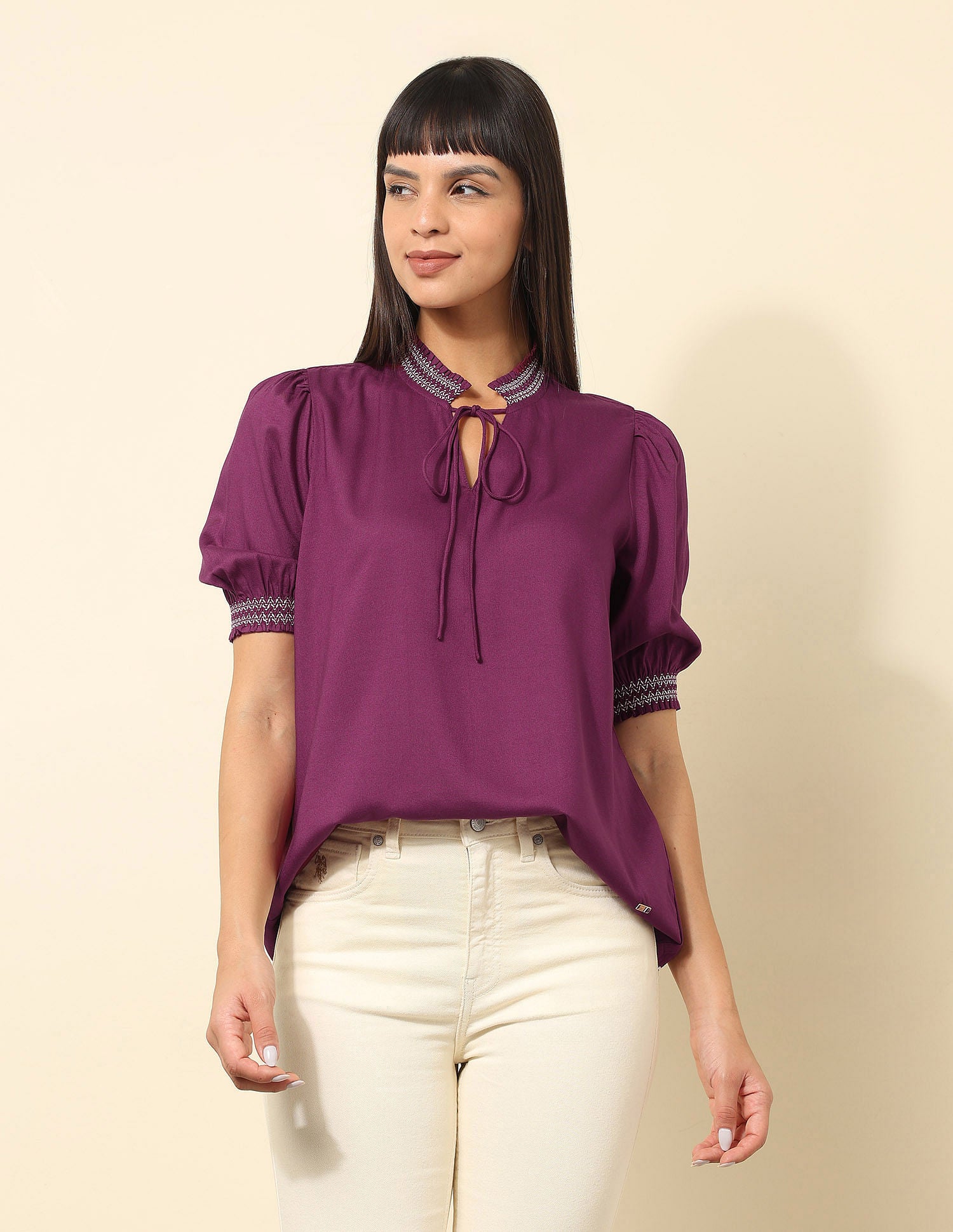 Ruffle Neck Solid Top Wine - U.S. POLO ASSN. | Large
