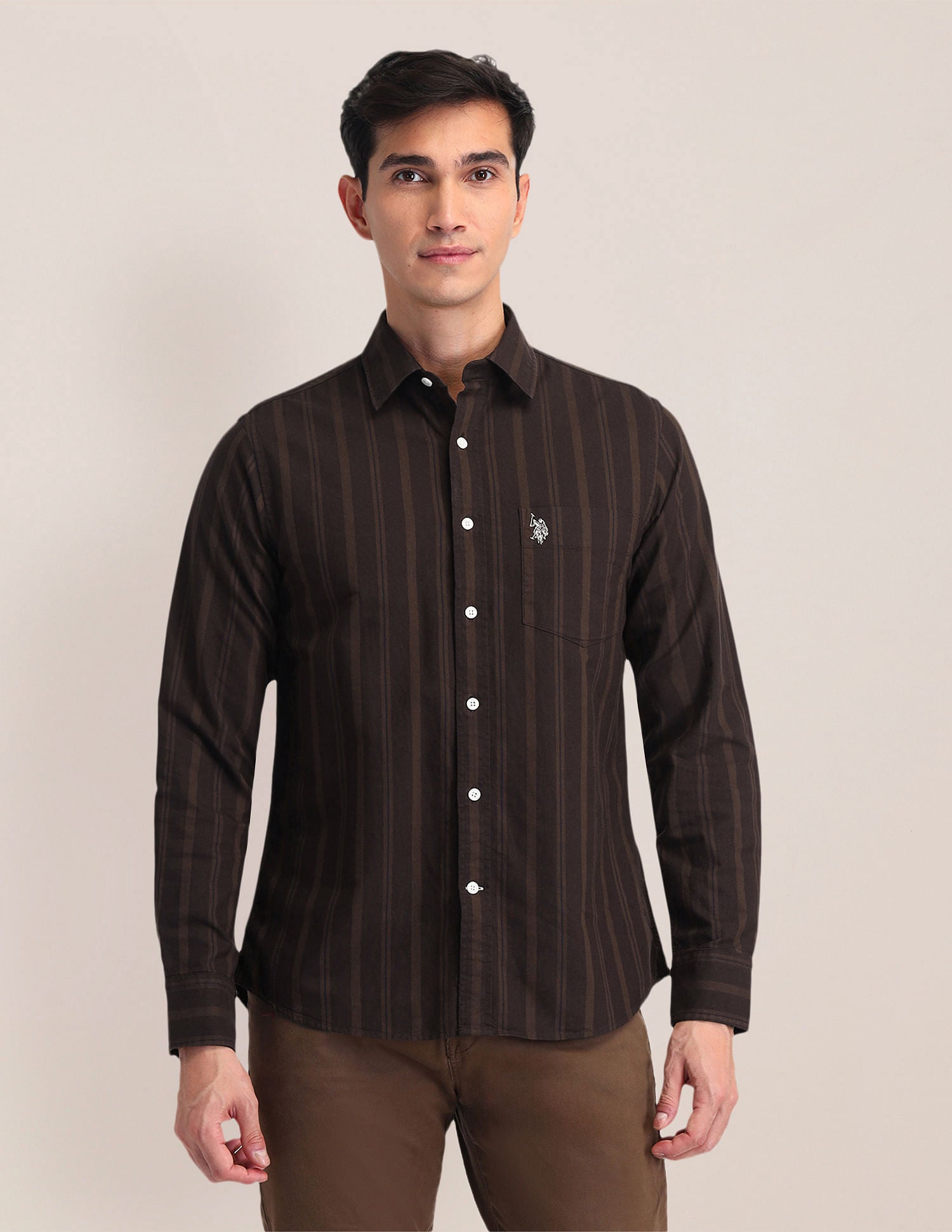 Tailored Fit Oxford Striped Shirt Brown - U.S. POLO ASSN. | Large