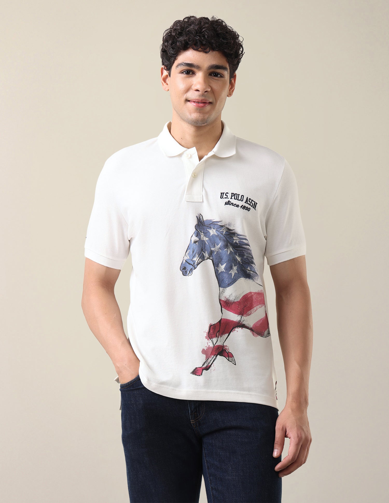 Graphic Brand Printed Slim Fit Polo Shirt Ivory - U.S. Polo Assn. India | Large