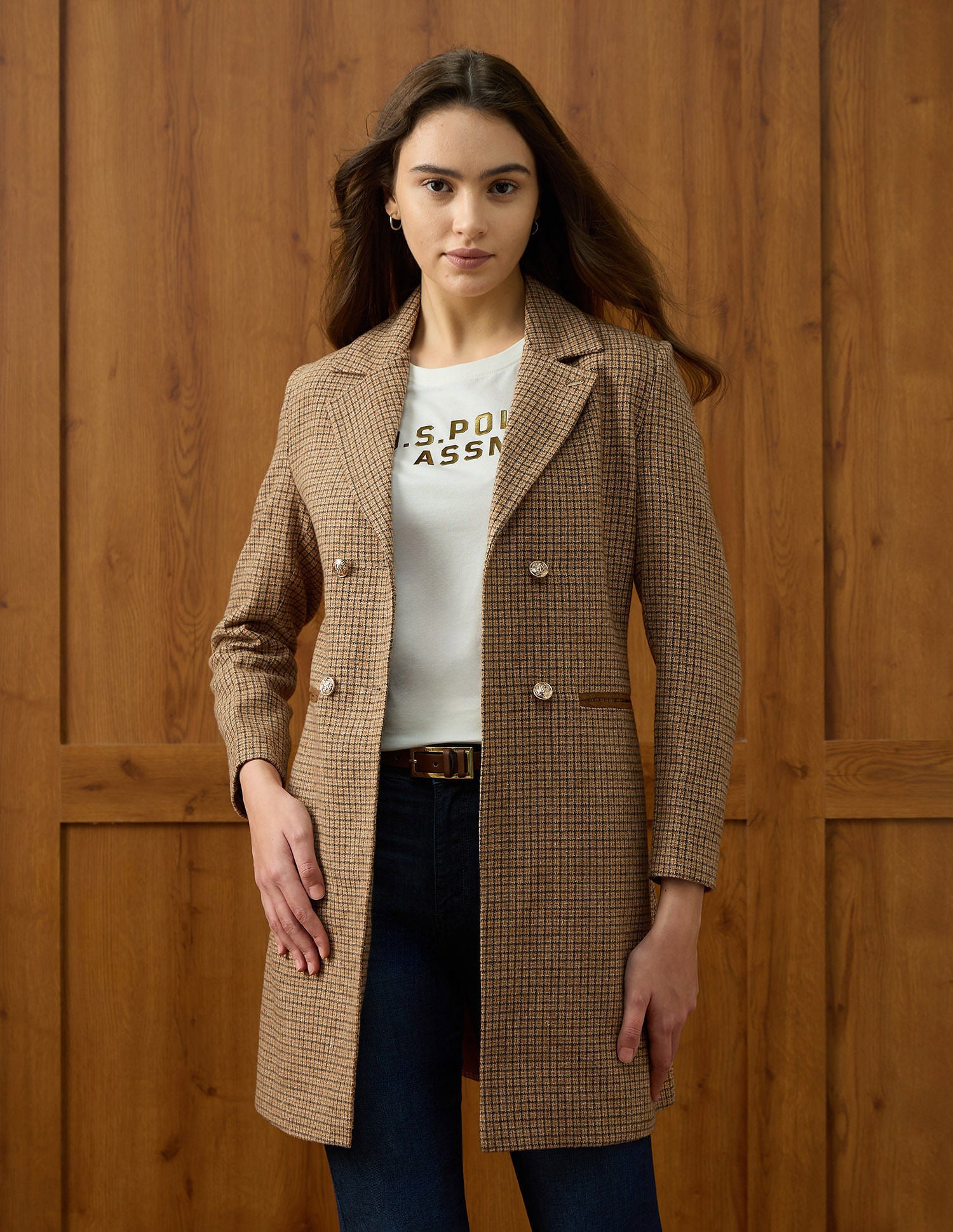 Glen Plaid Checked Double Breasted Regular Fit Coat Brown - U.S. POLO ASSN. | Large