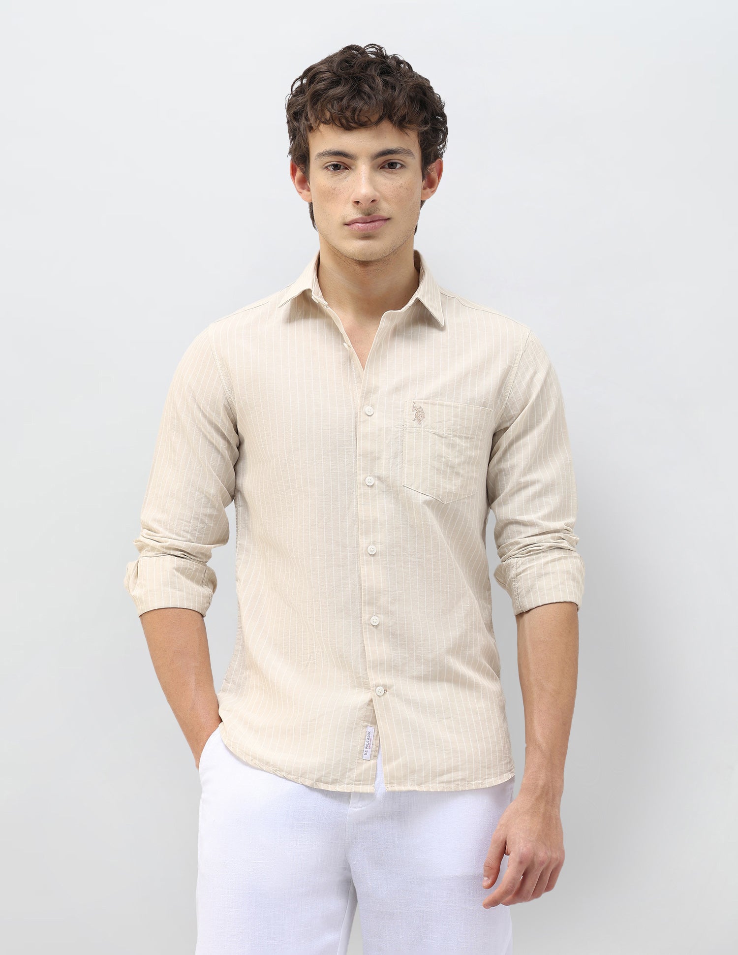 Vertical Striped Regular Fit Shirt Beige - U.S. Polo Assn. India | Large