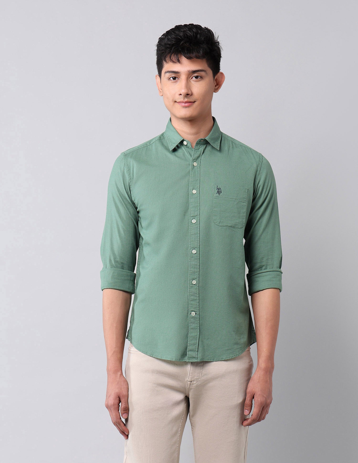 Solid Pure Cotton Shirt Light Green - U.S. Polo Assn. India | Large