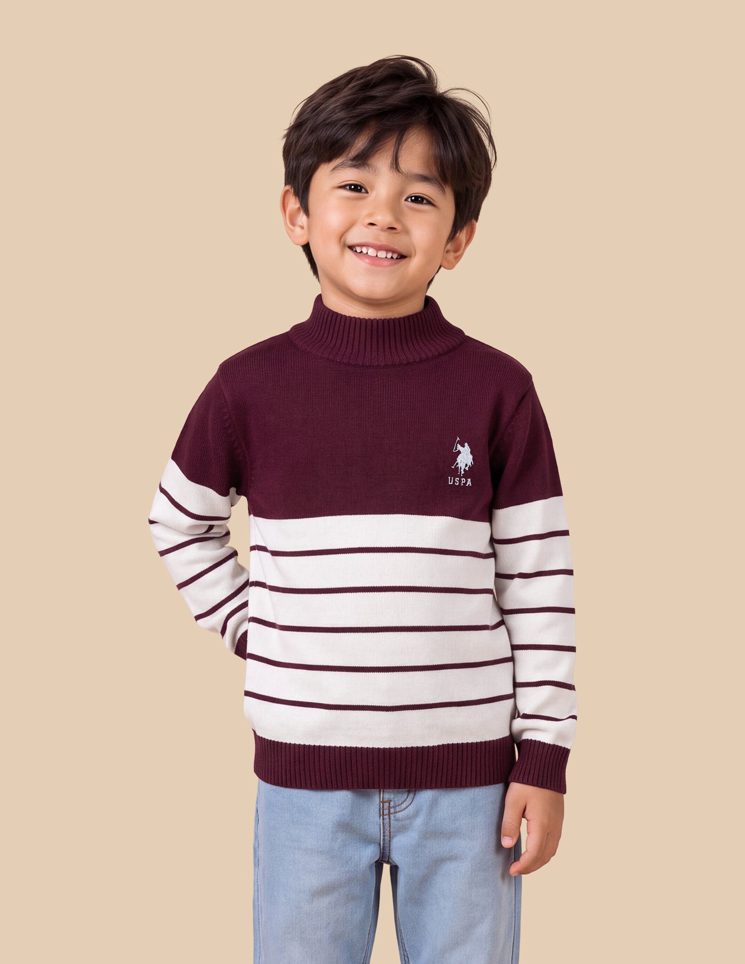 Horizontal Striped Colourblocked Regular Fit Sweater Maroon - U.S. Polo Assn. India | Large