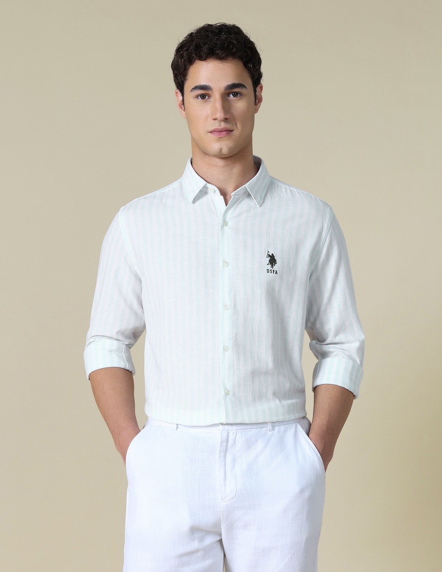 Vertical Striped Regular Fit Shirt Light Green - U.S. Polo Assn. India | Large