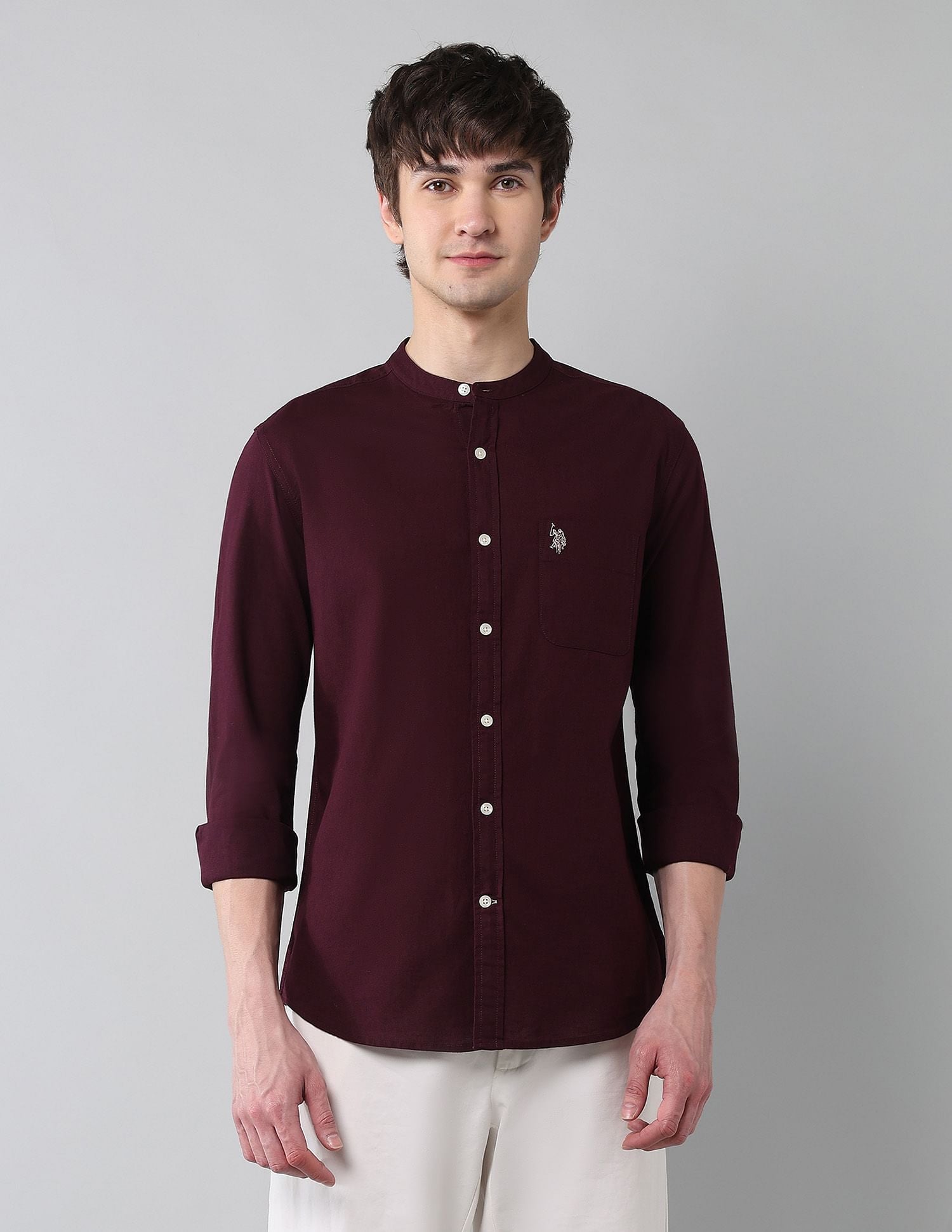 Solid Slub Mandarin Collar Shirt Wine - U.S. Polo Assn. India | Large