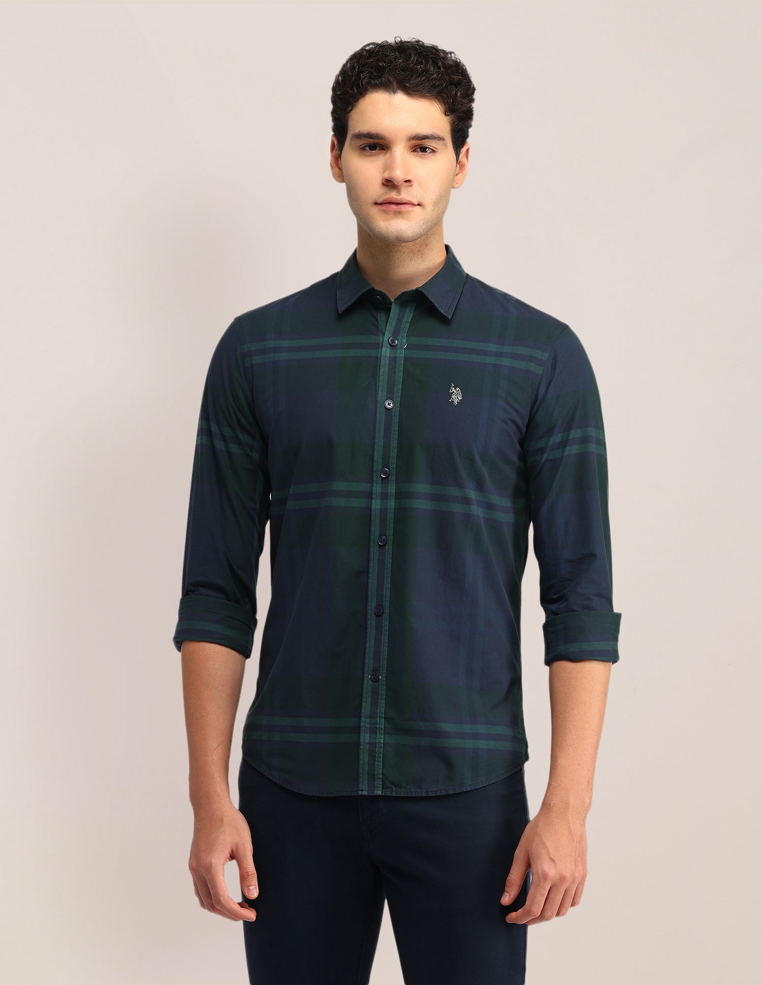 Grid Tattersall Checked Tailored Fit Shirt Dark Green - U.S. Polo Assn. India | Large