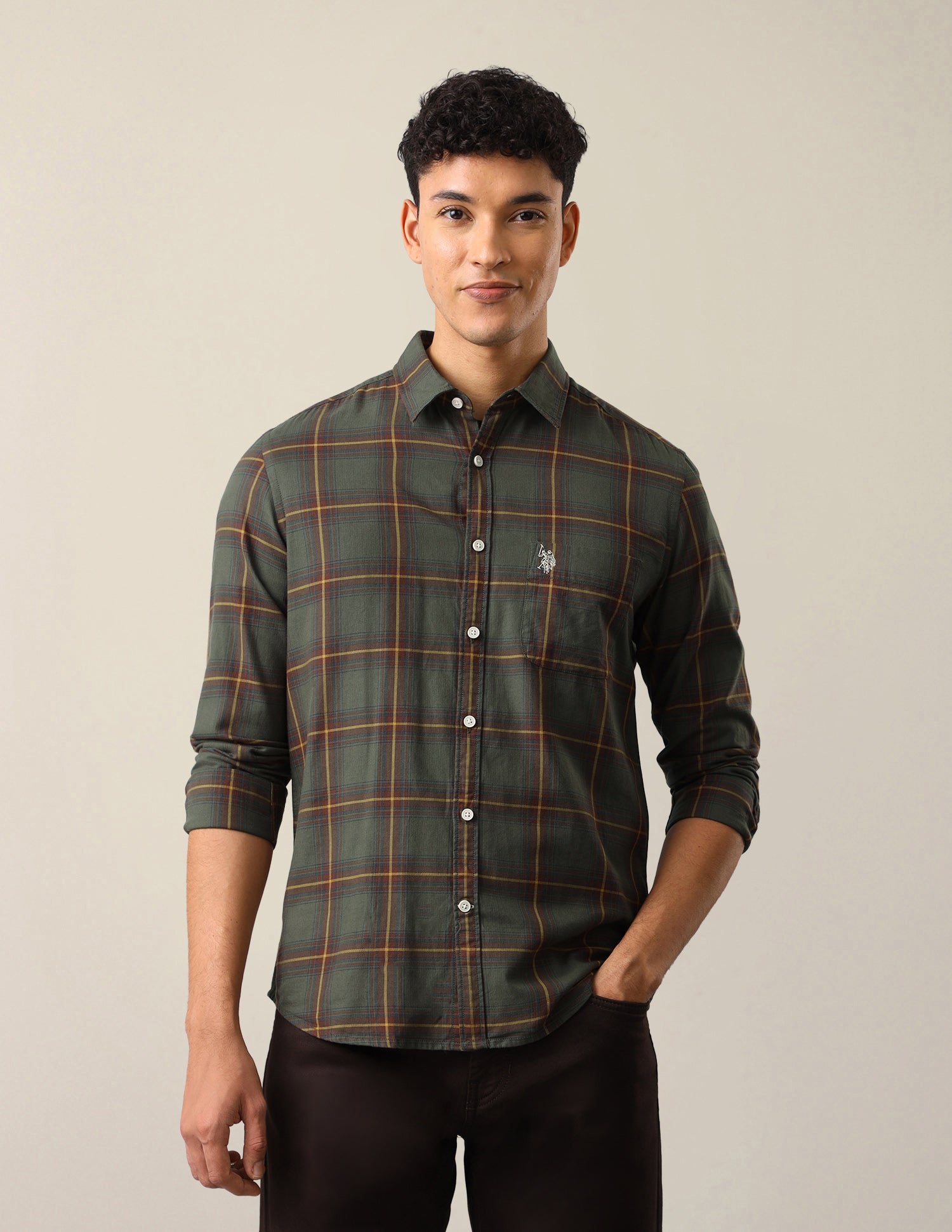 Twill Windowpane Checked Shirt Olive - U.S. Polo Assn. India | Large