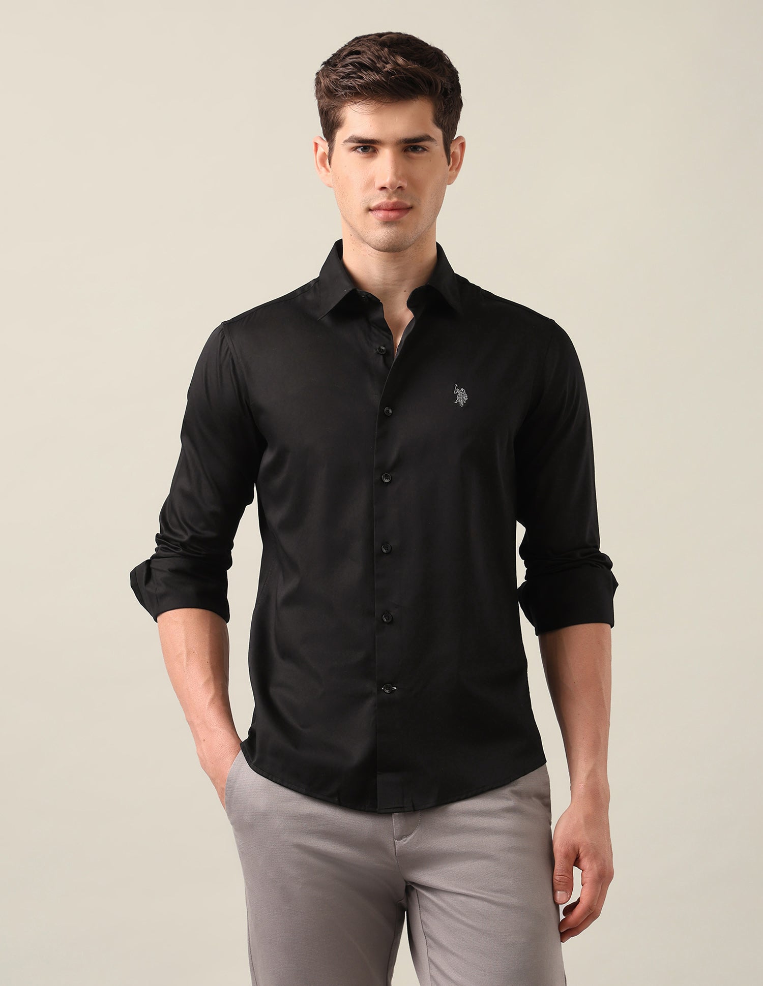 Satin Tailored Fit Shirt Black - U.S. Polo Assn. India | Large