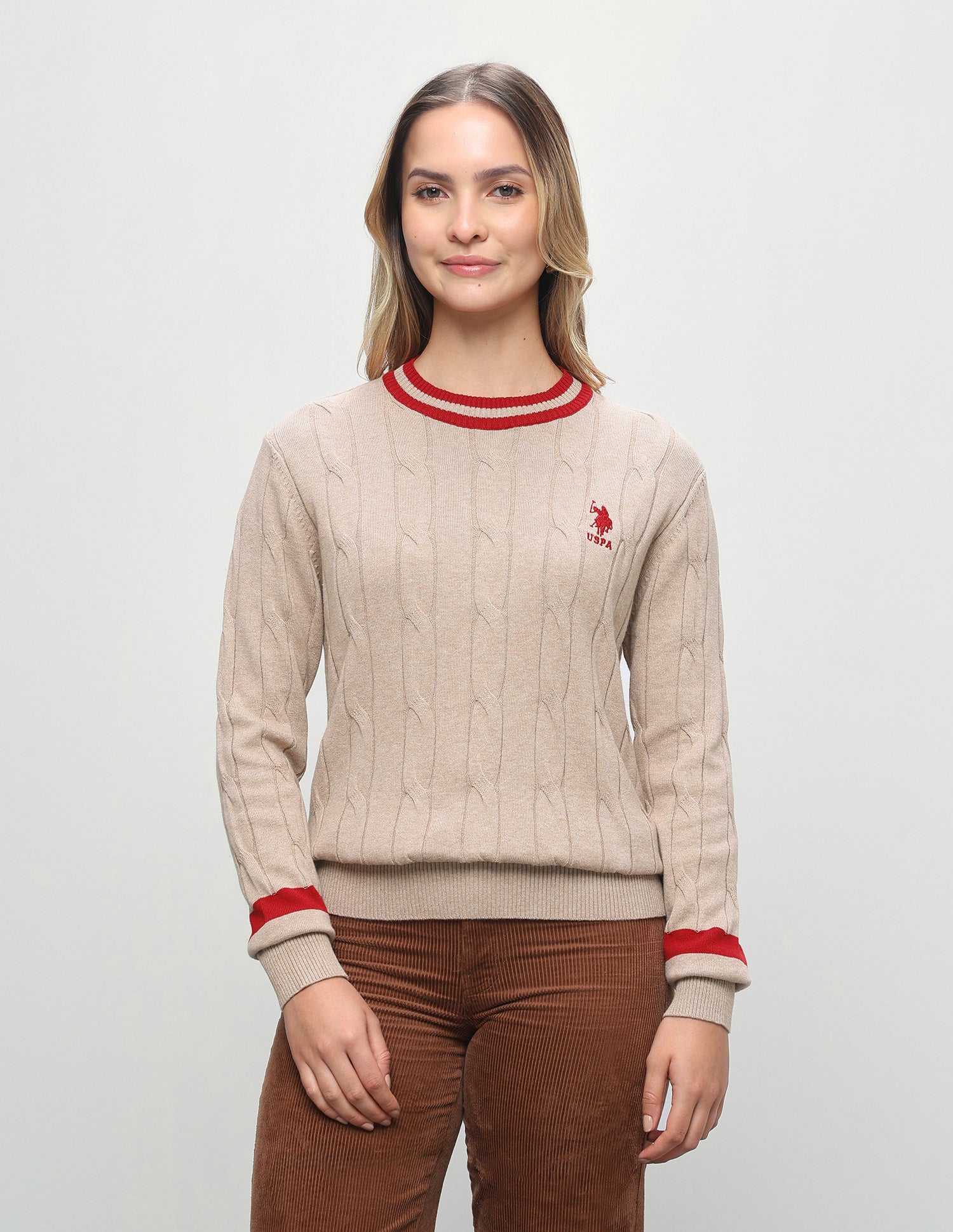 Cable Patterned Knit Regular Fit Sweater Beige - U.S. Polo Assn. India | Large