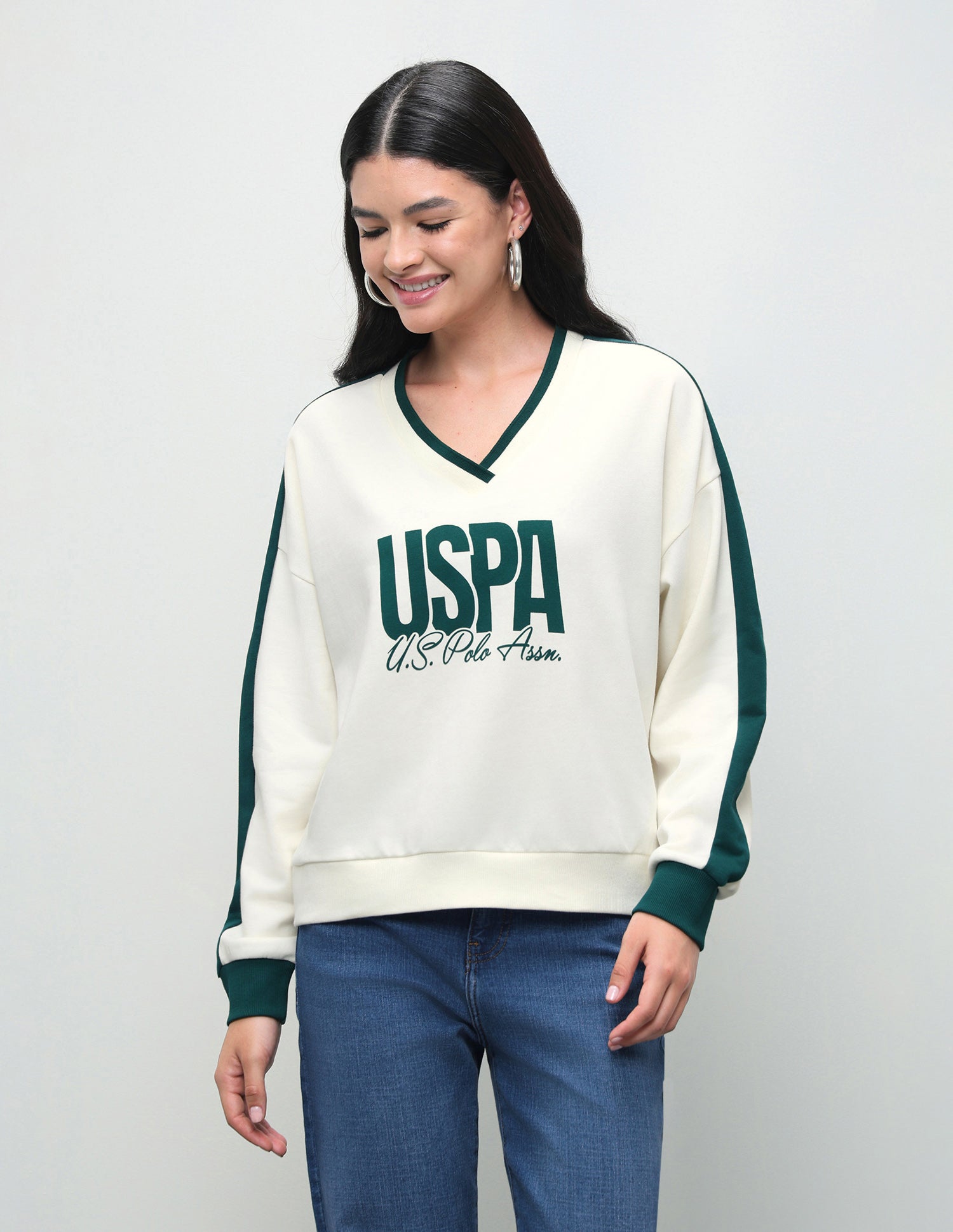 Typographic Brand Printed Boxy Fit Sweatshirt Off White - U.S. Polo Assn. India | Large