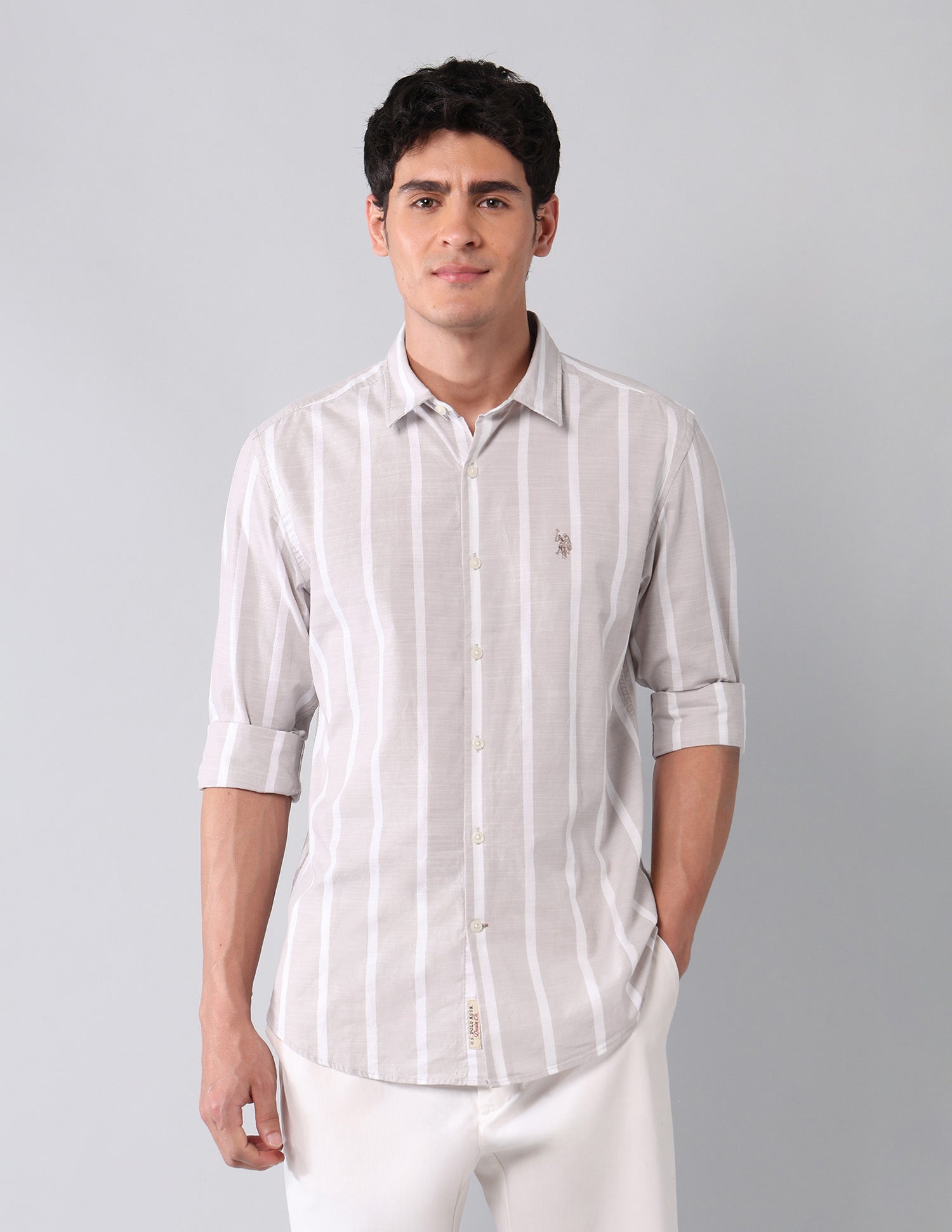 Vertical Striped Pure Cotton Shirt Khaki - U.S. Polo Assn. India | Large