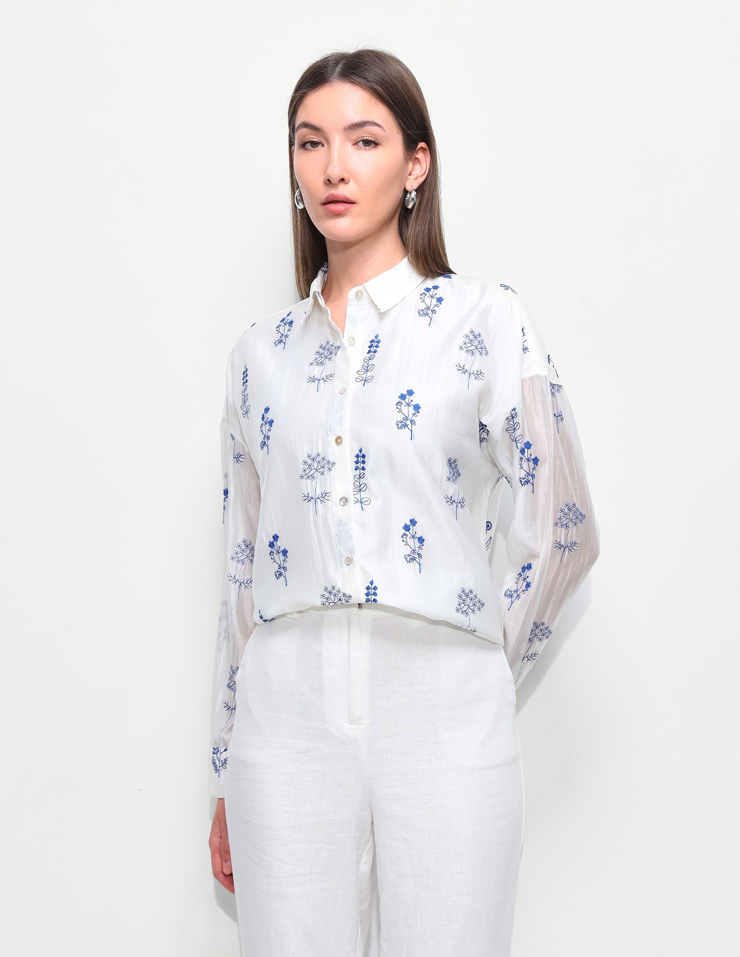 Floral Embroidered Oversized Fit Shirt Off White - U.S. Polo Assn. India | Large
