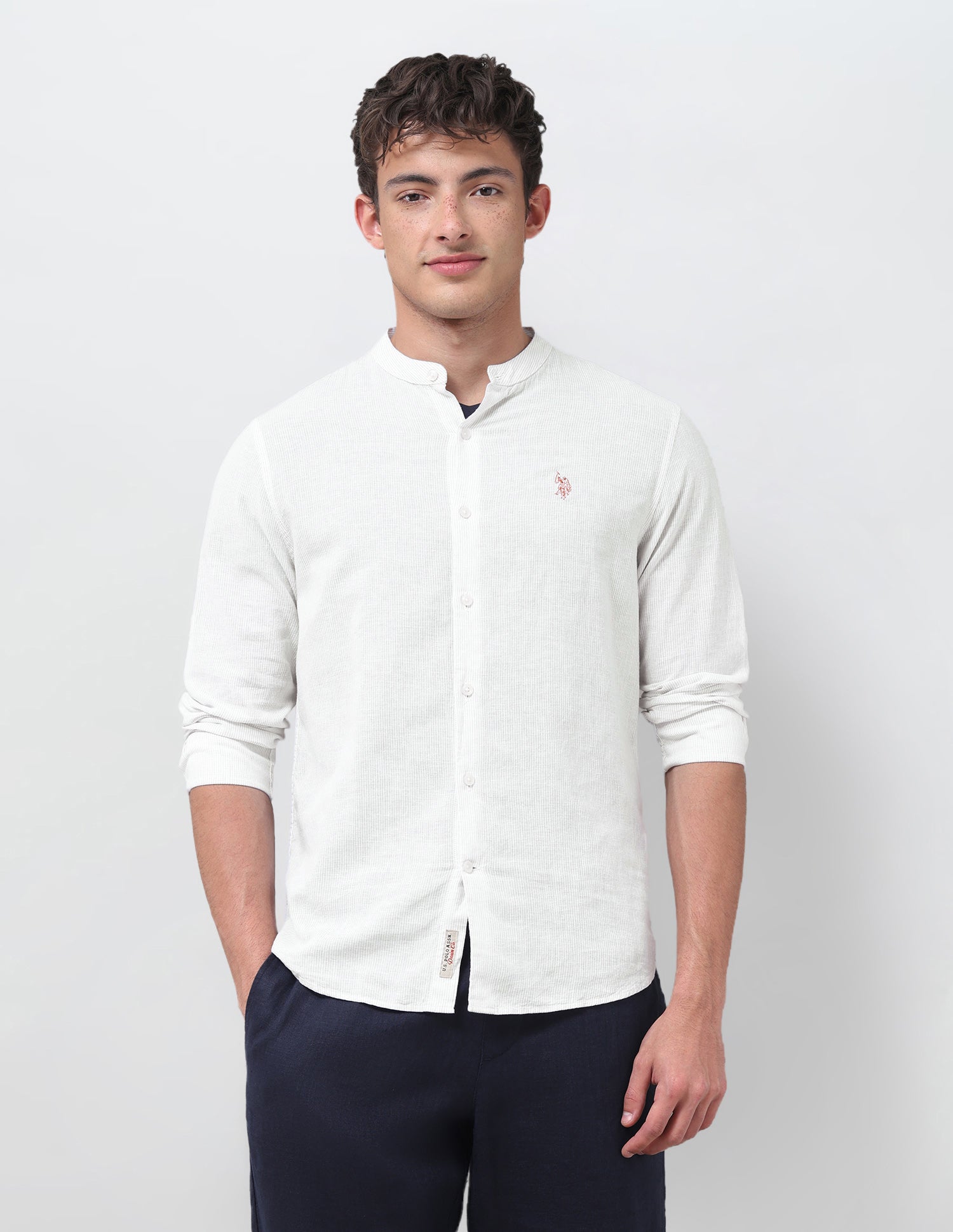 Vertical Striped Mandarin Shirt Beige - U.S. Polo Assn. India | Large