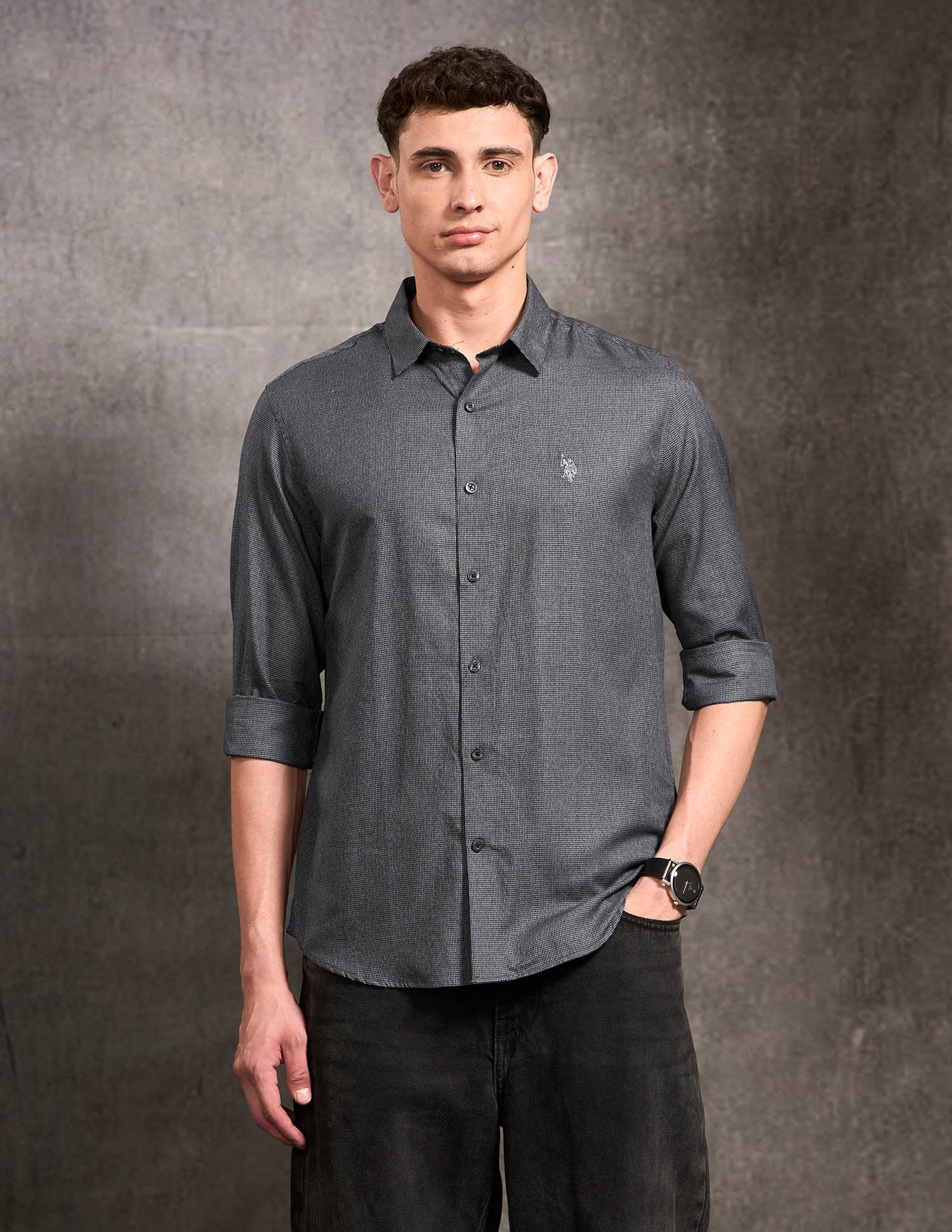 Black & Gold Self Design Houndstooth Shirt Charcoal - U.S. POLO ASSN. | Large