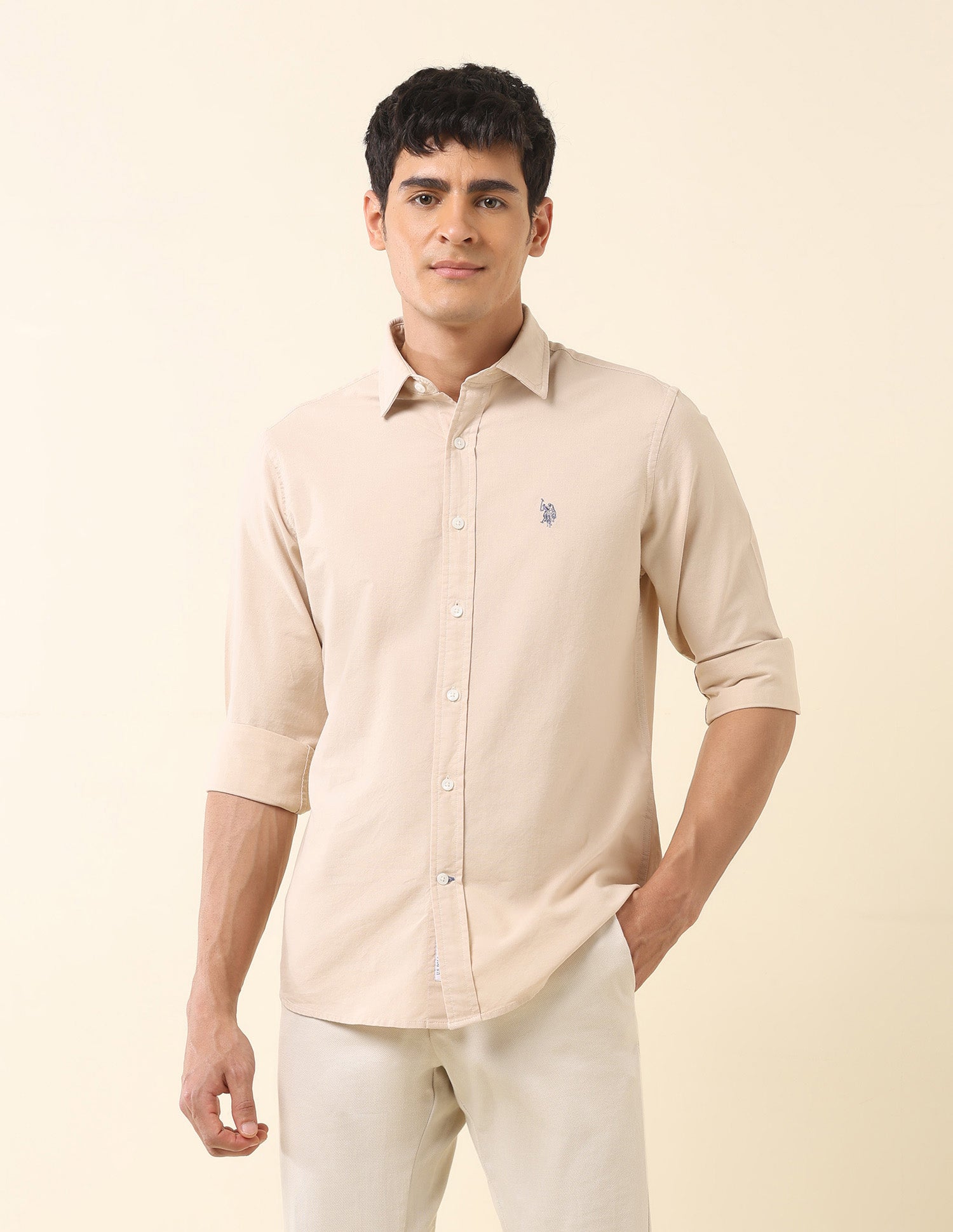 Tailored Fit Pure Cotton Oxford Shirt Beige - U.S. Polo Assn. India | Large