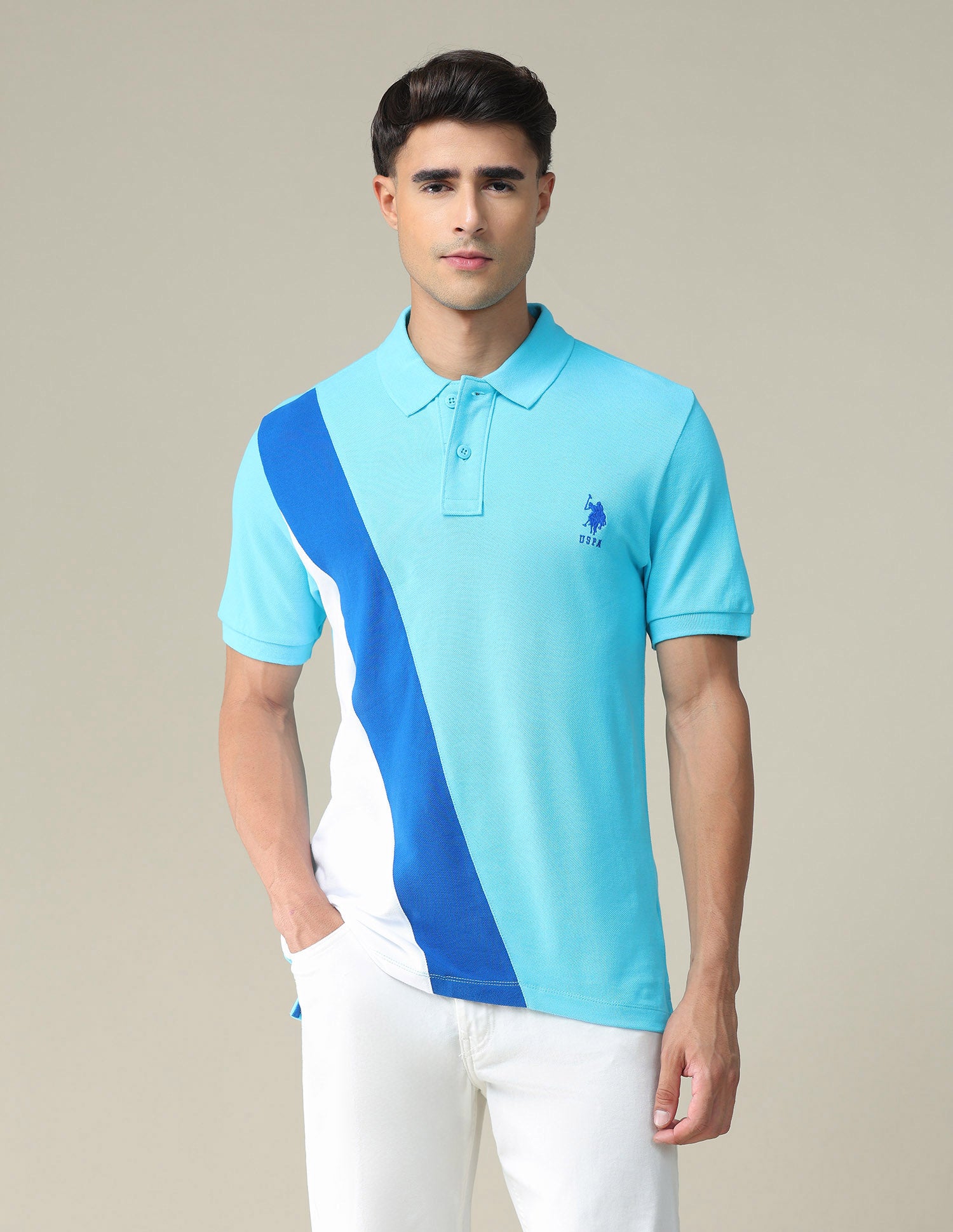 Colour Block Cotton Polo Shirt Aqua - U.S. POLO ASSN. | Large