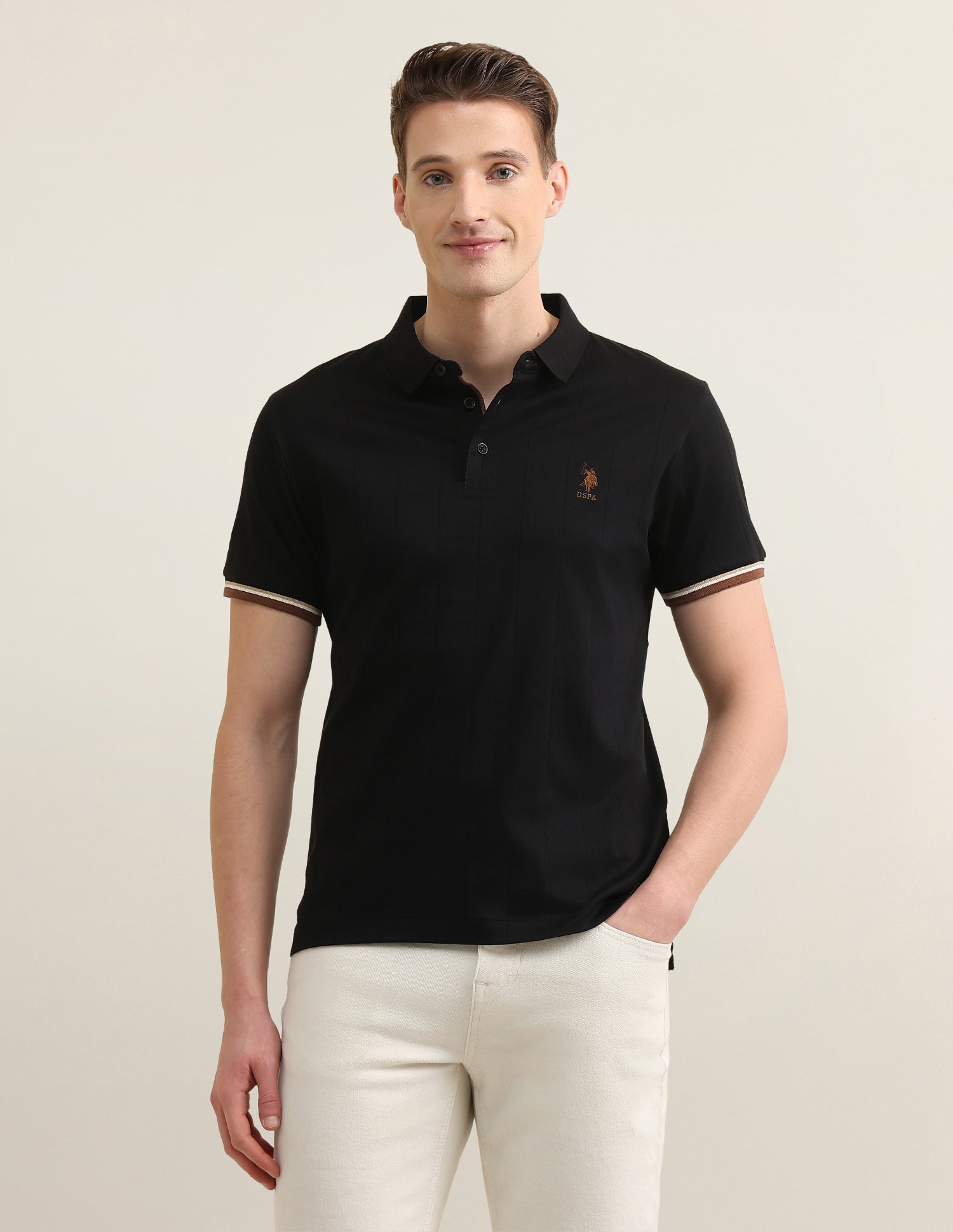 Self Design Vertical Striped Sotogrande Polo Shirt Black - U.S. Polo Assn. India | Large