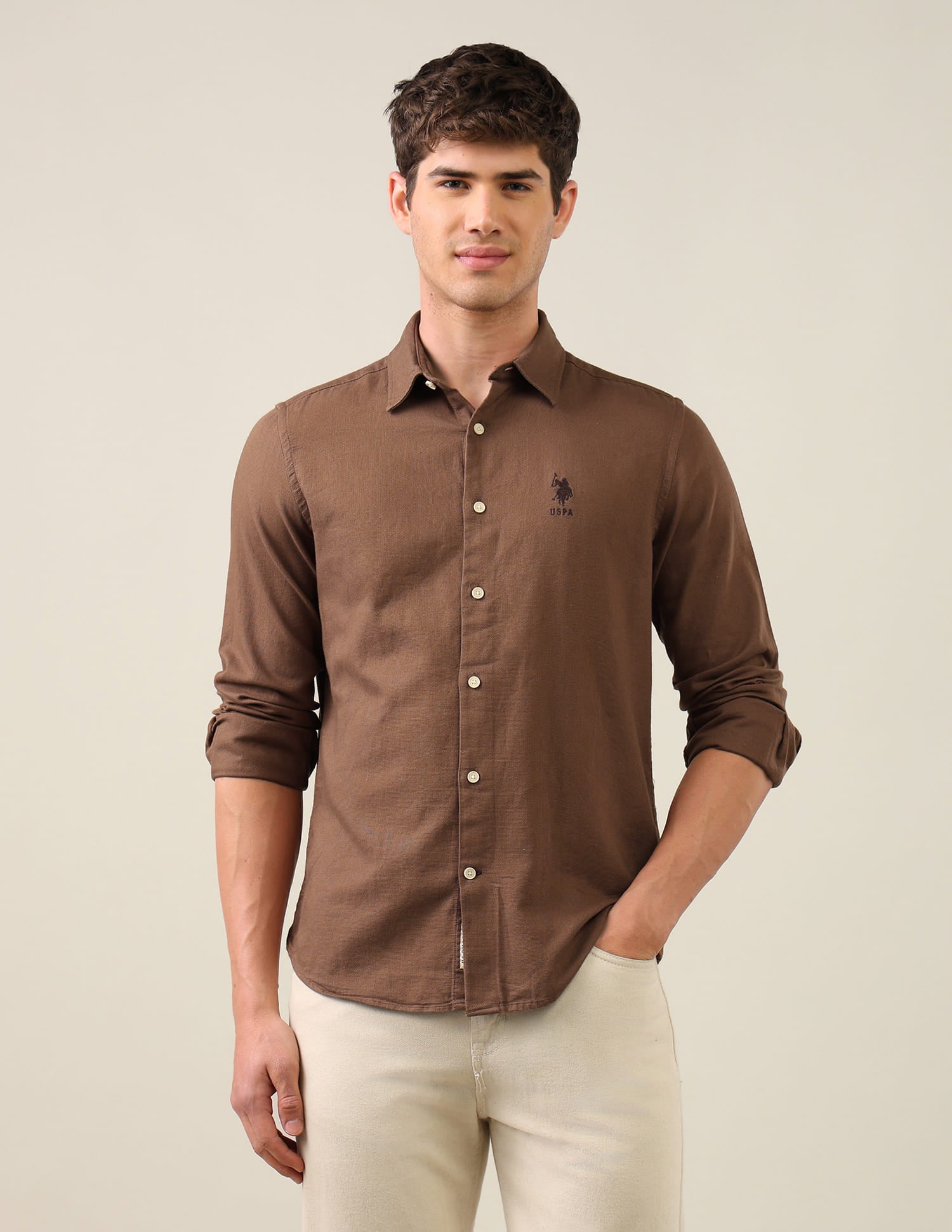 Dobby Regular Fit Shirt Brown - U.S. Polo Assn. India | Large