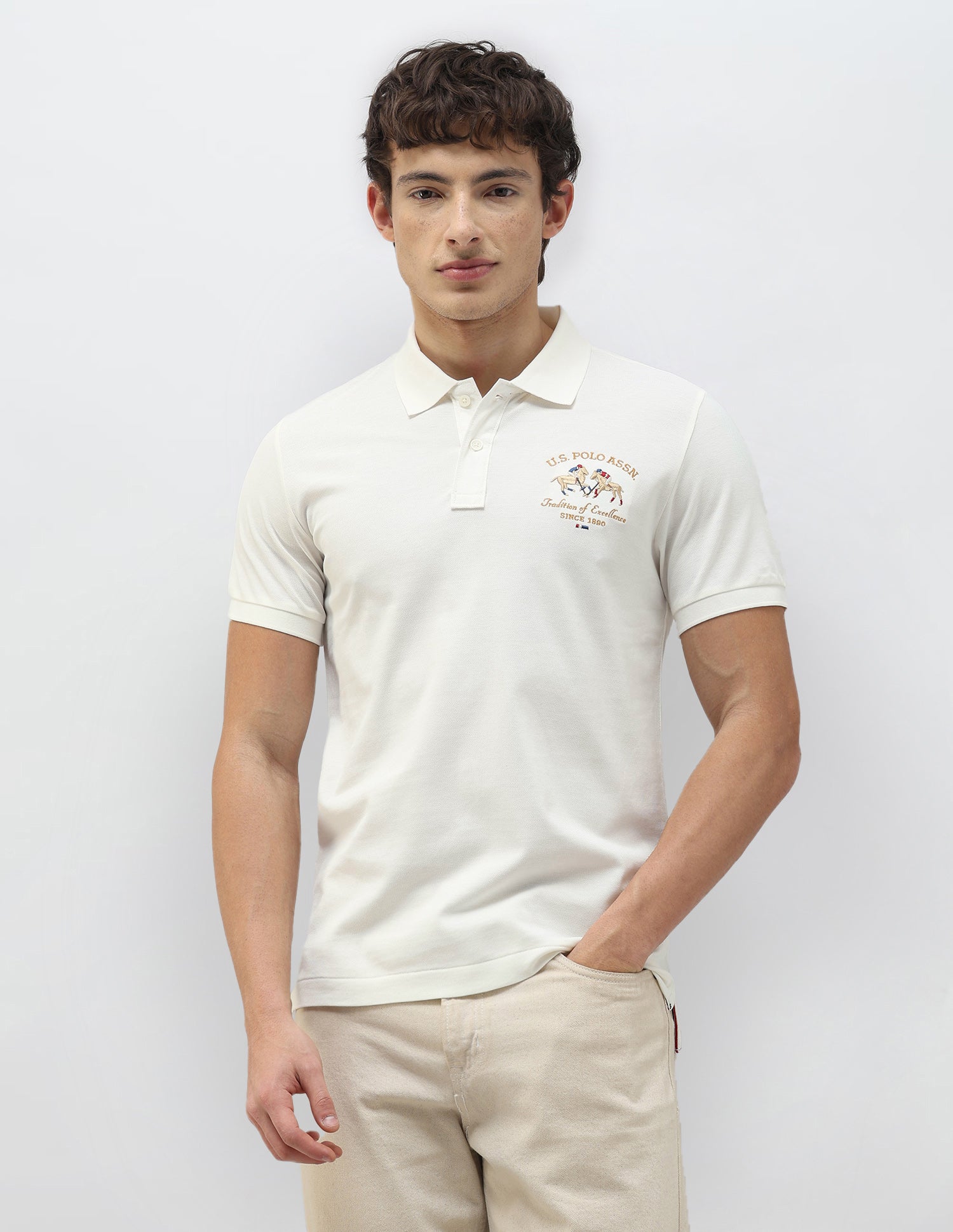 New Port Marina Brand Embroidered Polo Shirt Off White - U.S. Polo Assn. India | Large