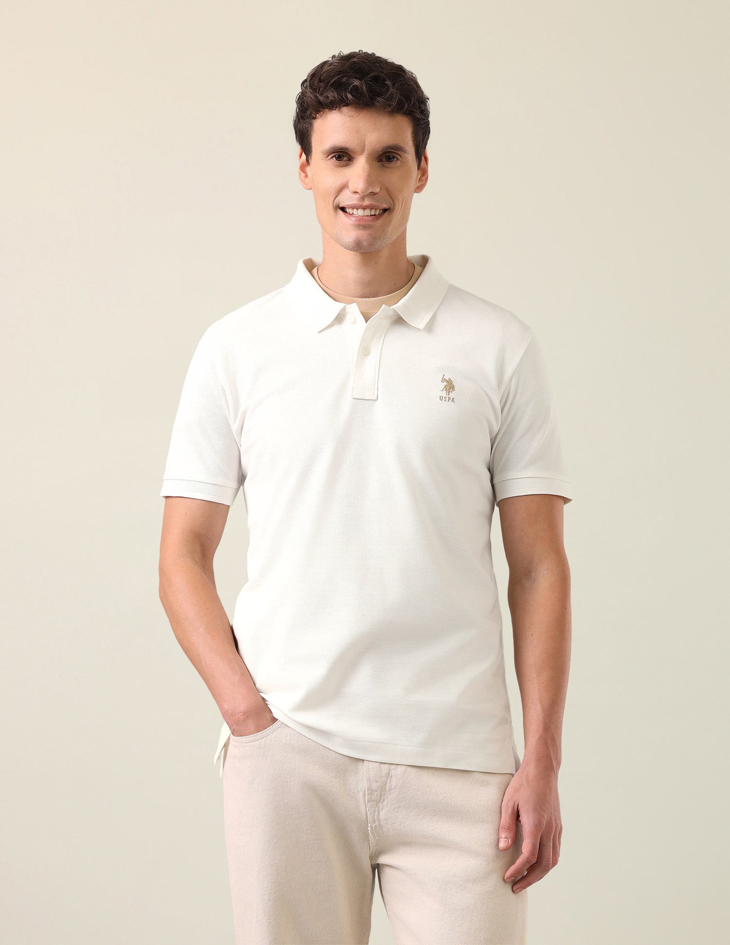 Brand Embroidered Slim Fit Polo Shirt Off White - U.S. Polo Assn. India | Large