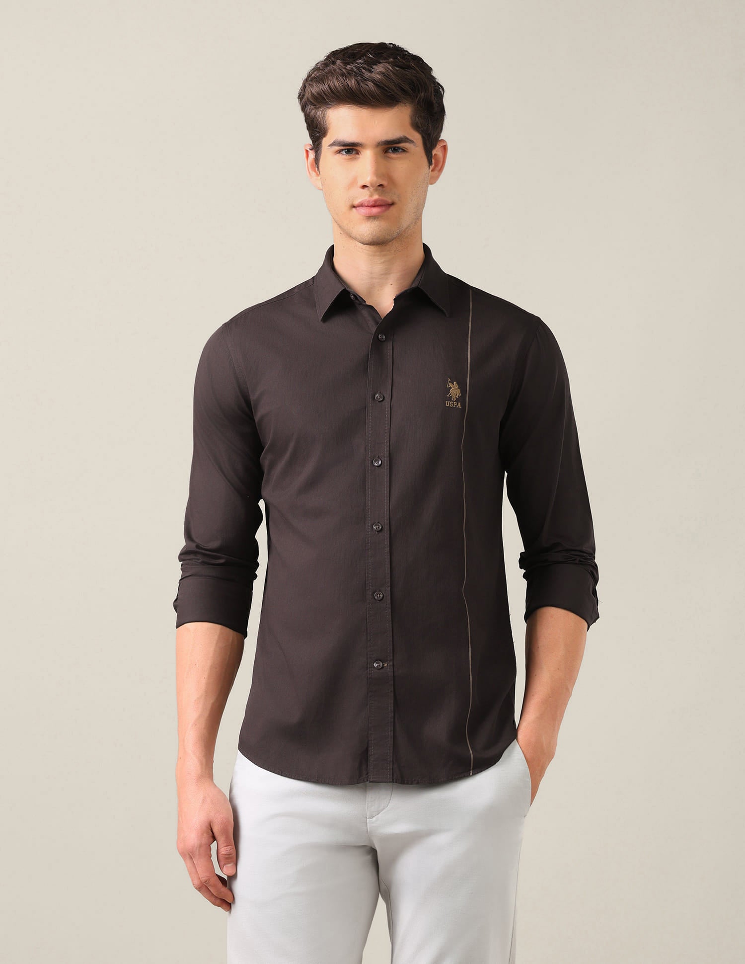 Tailored Fit Dobby Shirt Brown - U.S. Polo Assn. India | Large