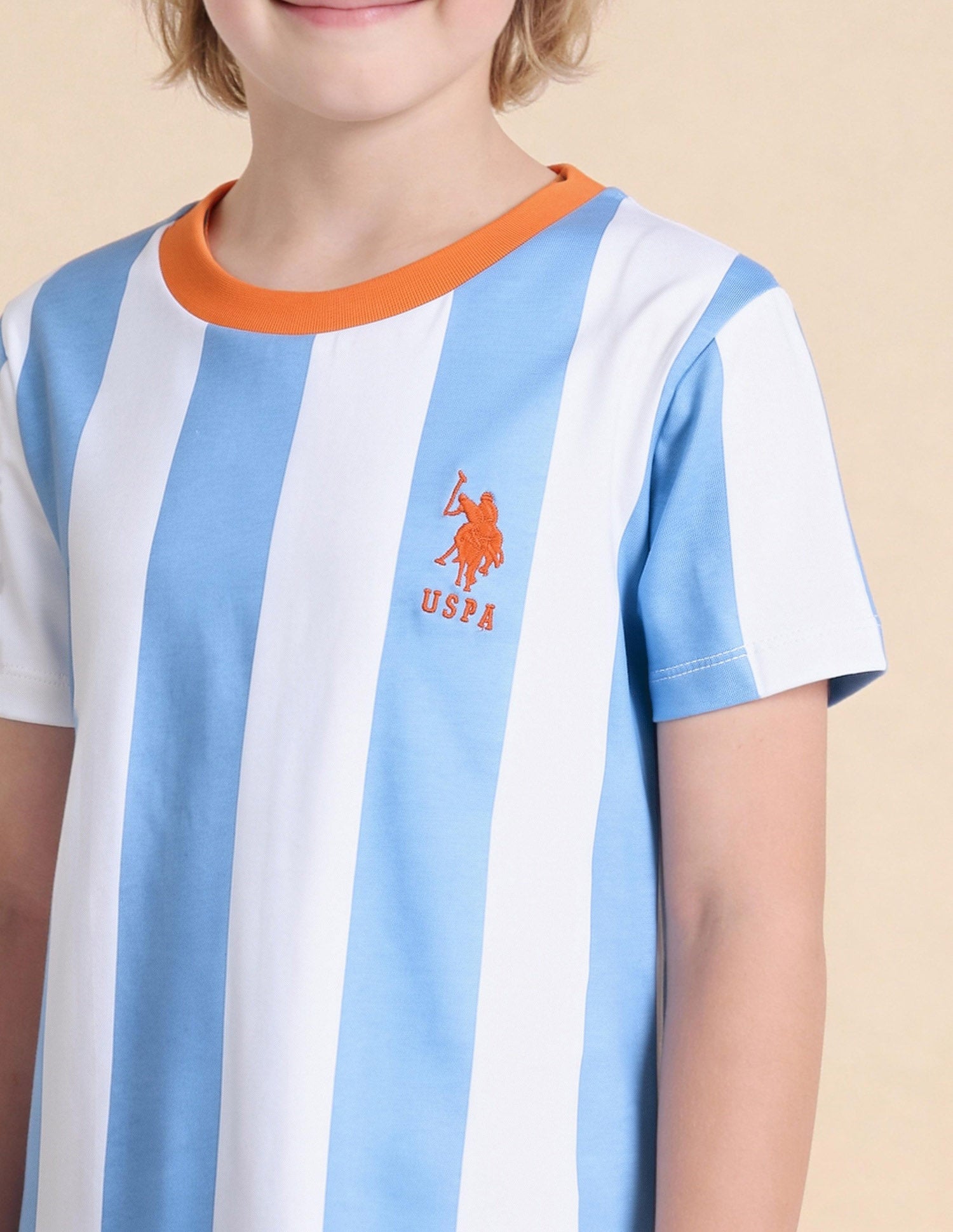 Boys Vertical Striped Regular Fit T-Shirt Blue - U.S. Polo Assn. India | Large