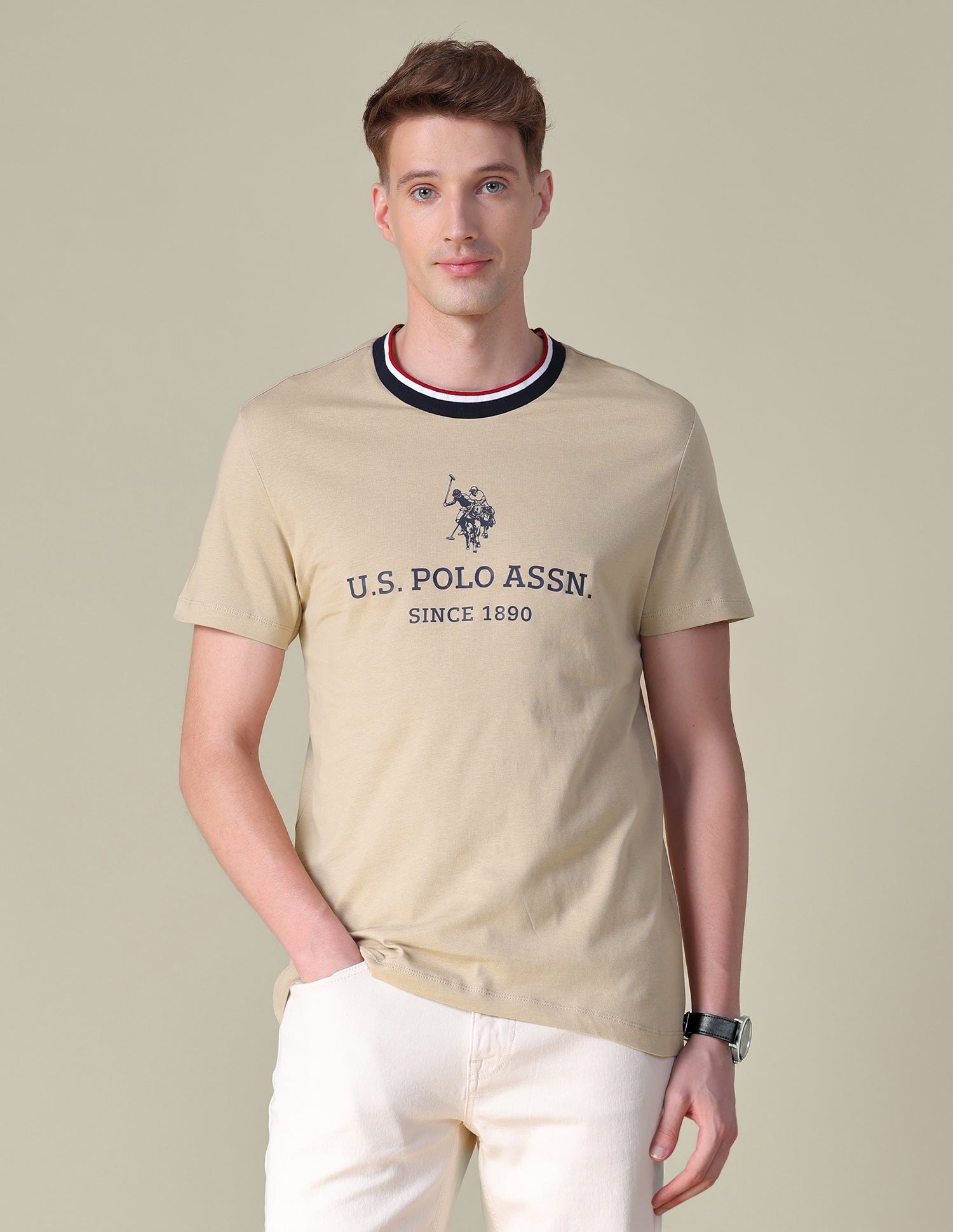 Brand Printed Slim Fit T-Shirt Beige - U.S. POLO ASSN. | Large