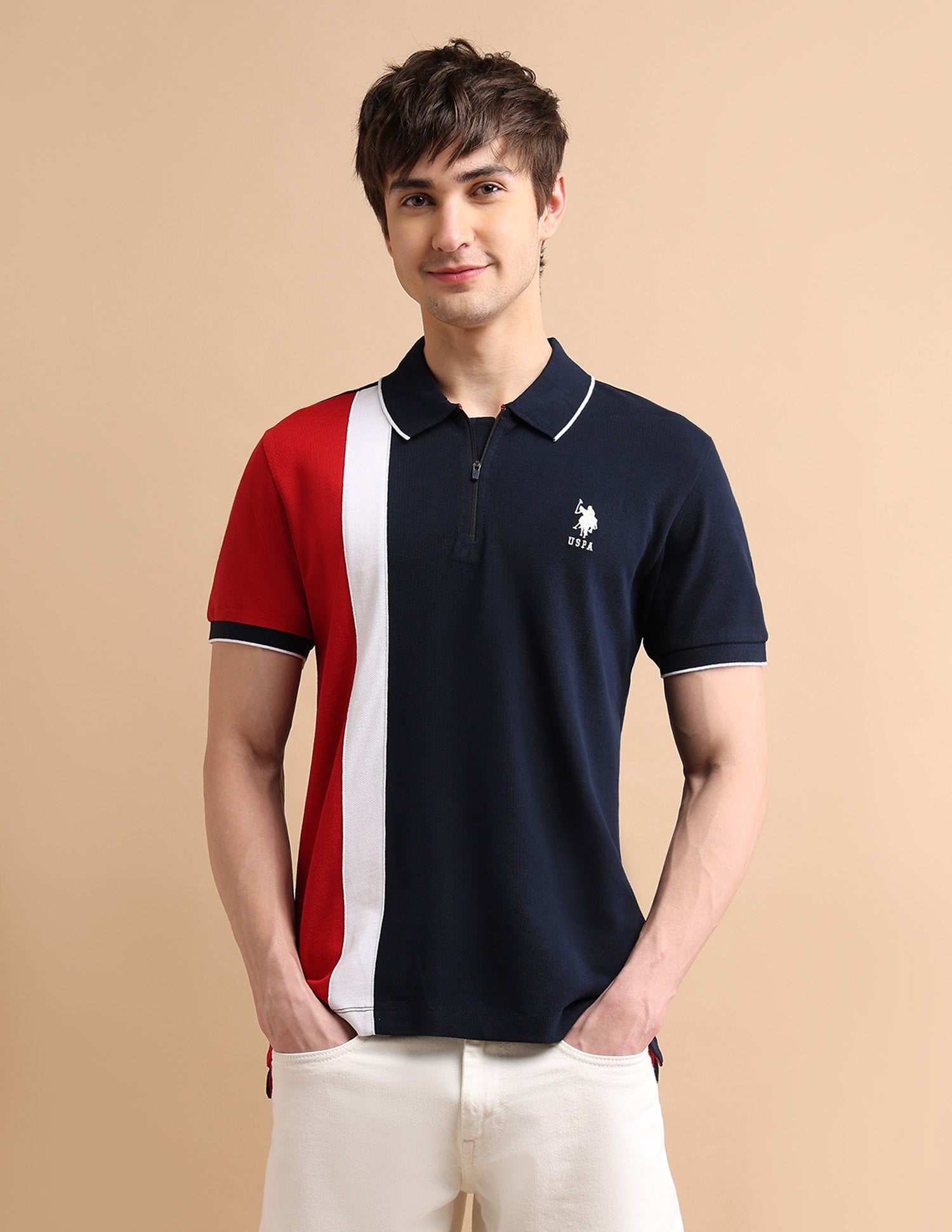 Colour Block Zipper Polo Shirt - Main Image