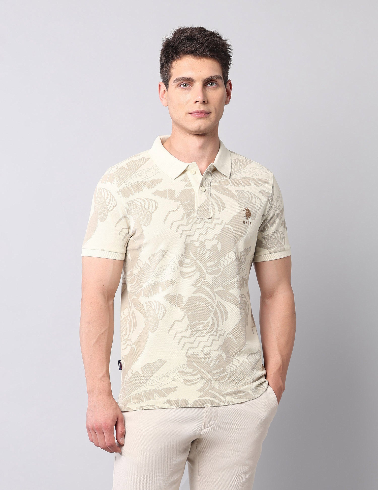 Tropical Printed Pure Cotton Polo Shirt Ivory - U.S. POLO ASSN. | Large