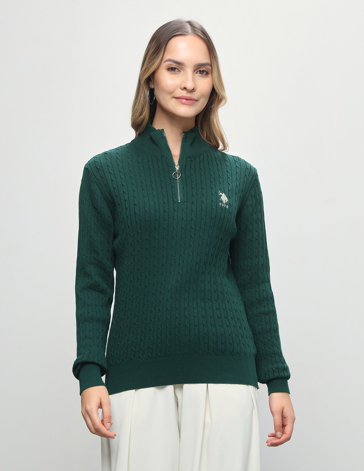 Cable Patterned Knit Regular Fit Half Zip Sweater Dark Green - U.S. Polo Assn. India | Large